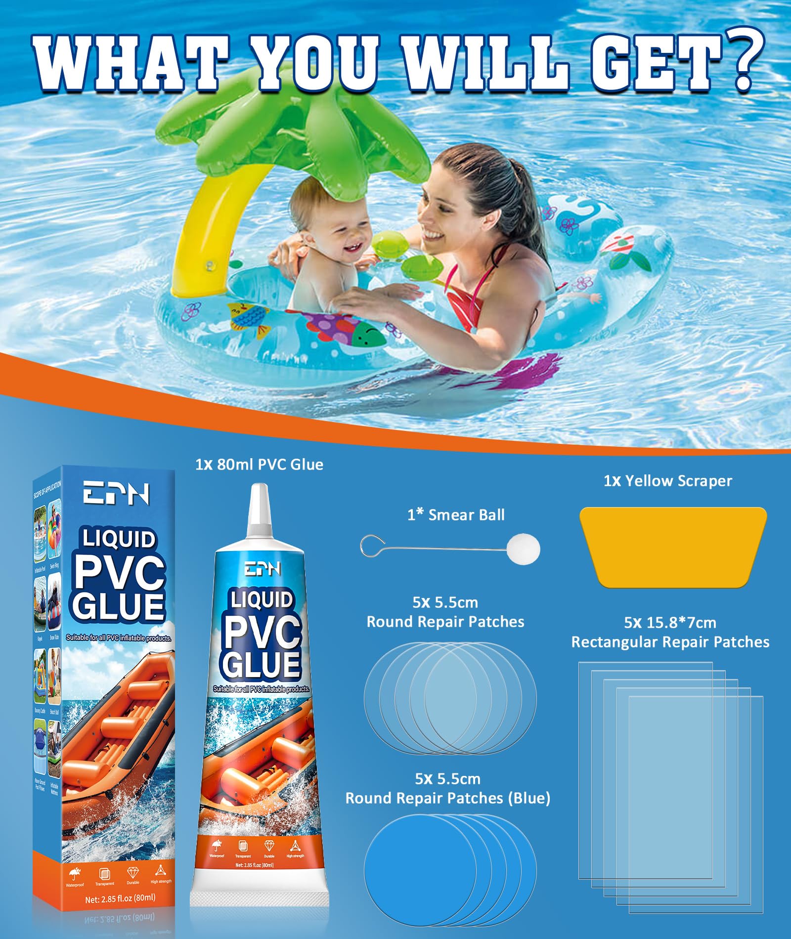 EPN Air Mattress Patch Kit, Waterproof Vinyl Pool Liner Repair Kit for Inflatables, Air Mattress, Swimming Ring, Tent, Bounce House, Inflatable Toys, Hot Tub, PVC Boat, Raft, Kayak (80ml*1) 🍁 All In One Marketplace Canada