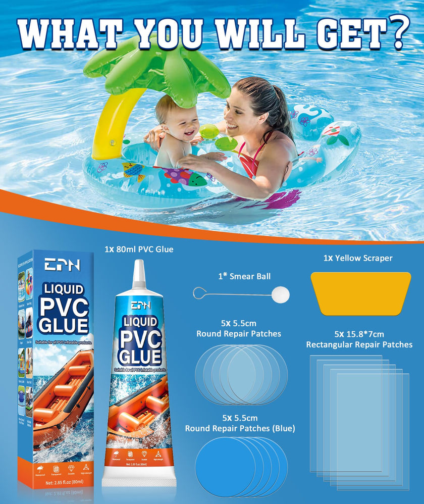 EPN Air Mattress Patch Kit, Waterproof Vinyl Pool Liner Repair Kit for Inflatables, Air Mattress, Swimming Ring, Tent, Bounce House, Inflatable Toys, Hot Tub, PVC Boat, Raft, Kayak (80ml*1) 🍁 All In One Marketplace Canada