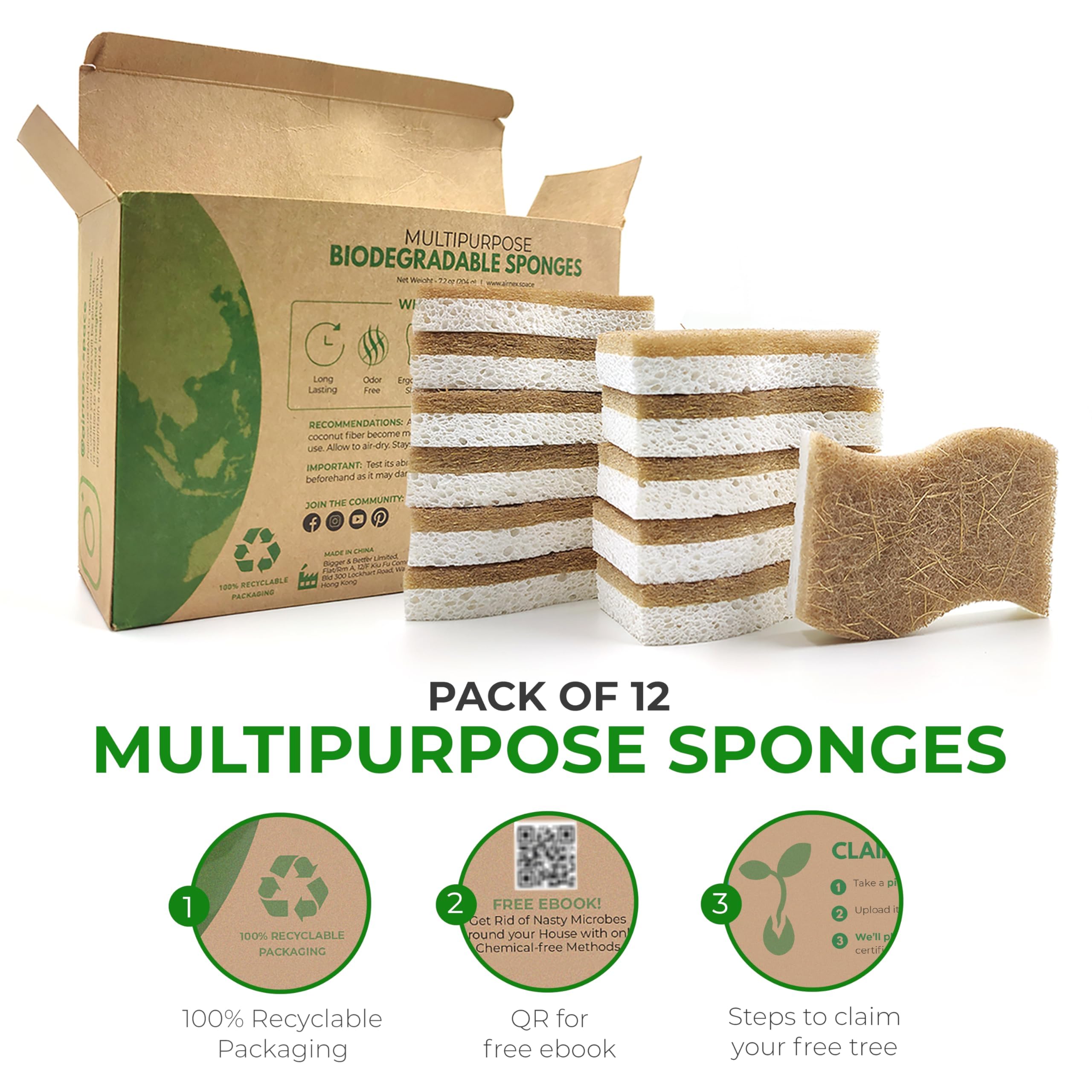 AIRNEX 12 Pack Natural Sponges for Dishes - Biodegradable Sponges for Kitchen - Plant Based Cellulose & Coconut Natural Dish Sponge - Non Toxic Eco Friendly Sponges, Non Scratch Kitchen Scrubber 🍁 All In One Marketplace Canada