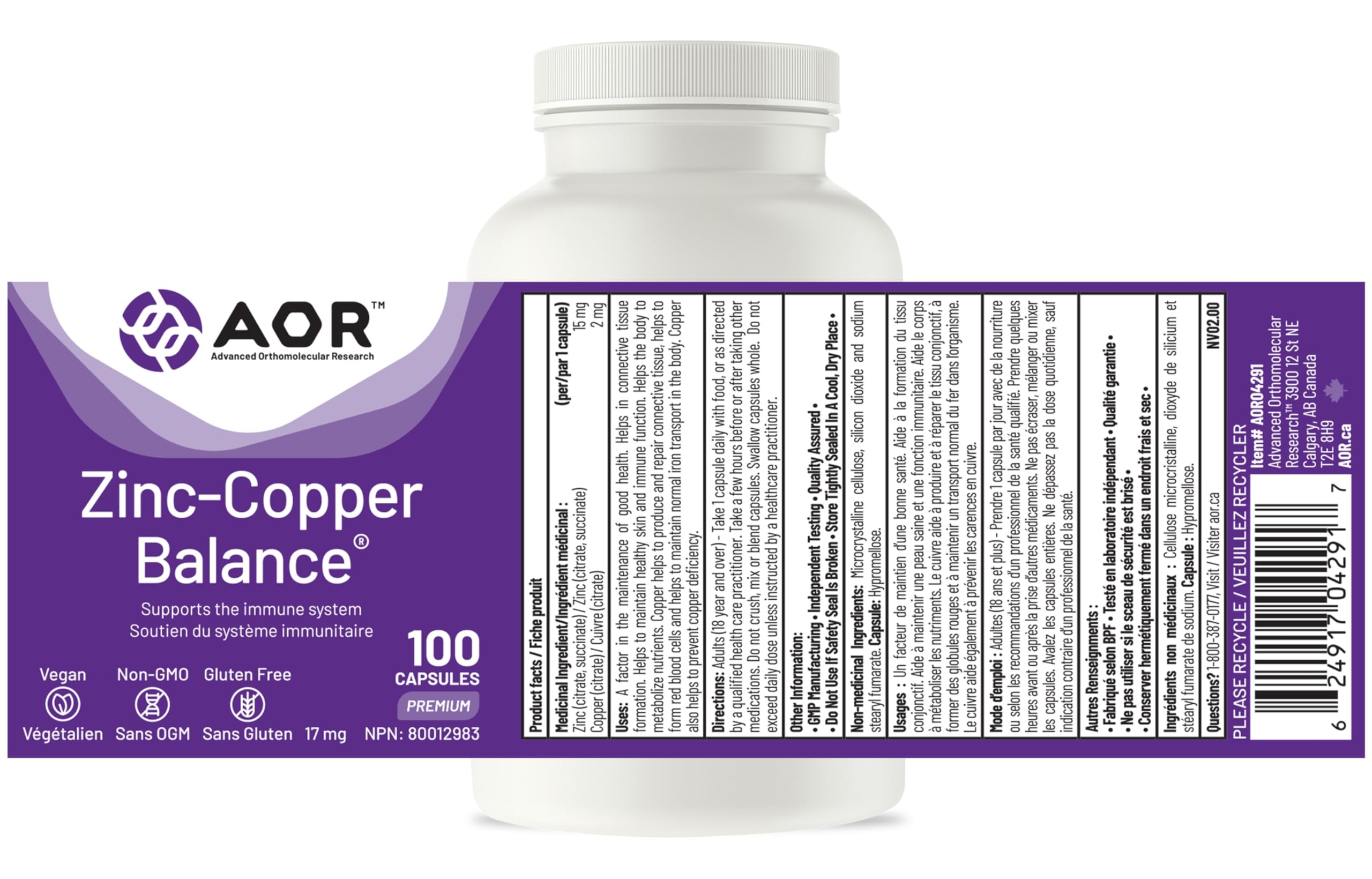 AOR Zinc Copper Balance 17mg, 100 V-Caps, 100-Day Supply - Nutrient Support for Skin, Hair, Bone & Overall Wellness, NON-GMO & Gluten-Free, Easy-to-Swallow, Zinc & Copper Supplements for Men & Women 🍁 All In One Marketplace Canada