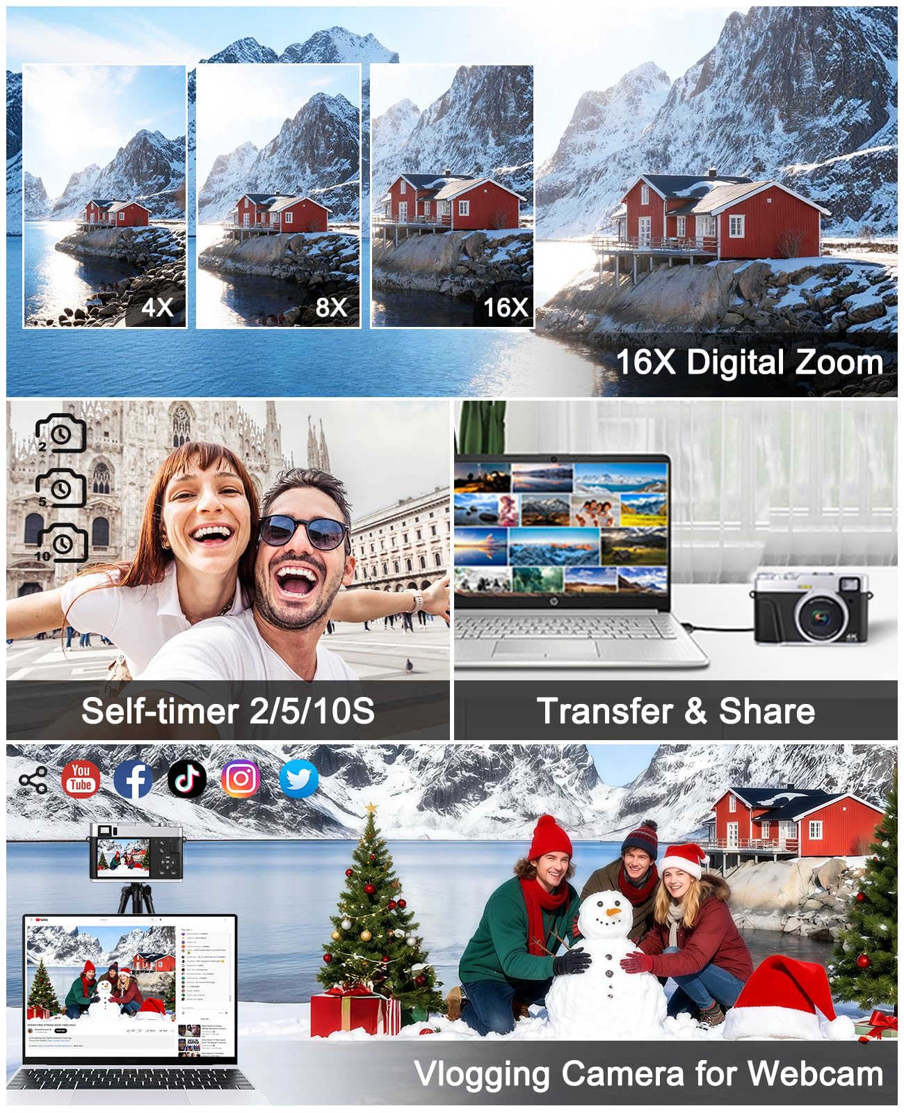 ToAuite 4K Digital Camera with Viewfinder, 48MP Autofocus Vlogging Camera for Photography and Video, Anti-Shake 16X Zoom Travel Portable Camera with Flash 32GB Card, Selfie YouTube Cameras with Dial 🍁 All In One Marketplace Canada