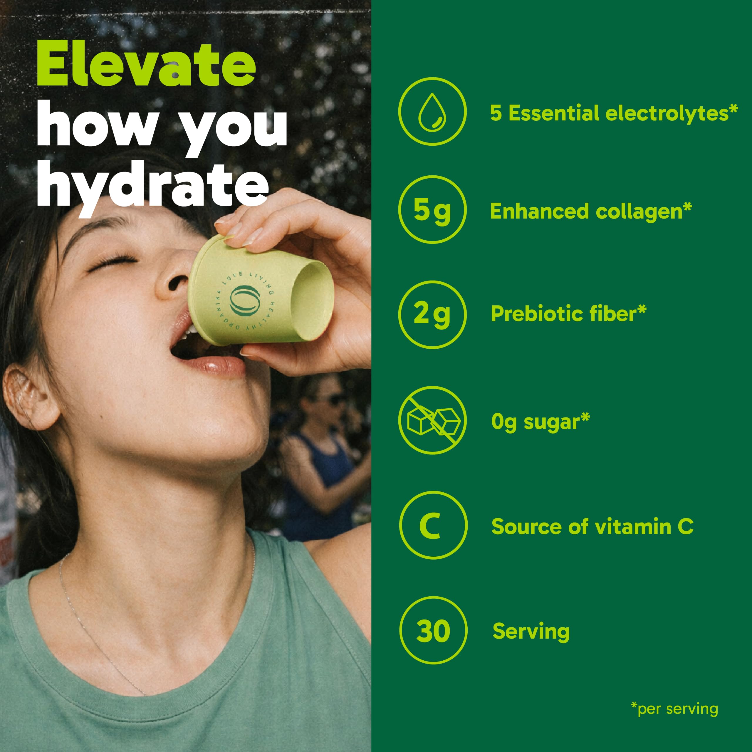 Organika Canadian-Made Electrolytes + Enhanced Collagen - Daily Hydration Powder with 5g of Collagen for Hair, Skin and Nails, 100% of Daily Vitamin C, Zesty Lemon Berry Flavour, 360 g, 30 Servings 🍁 All In One Marketplace Canada