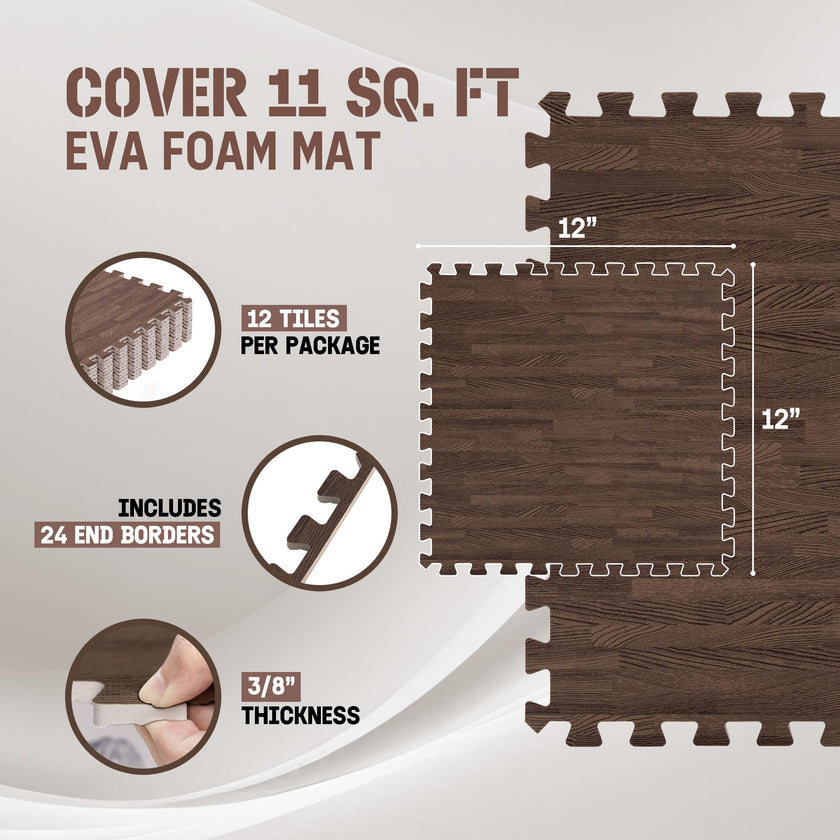 Yes4All EVA Interlocking Mats, Puzzle Floor Tiles, Foam Floor Padding with Border for Furniture, Home Space, Living Room, Garage - Dark Oak Wood, 1.02 m2 🍁 All In One Marketplace Canada