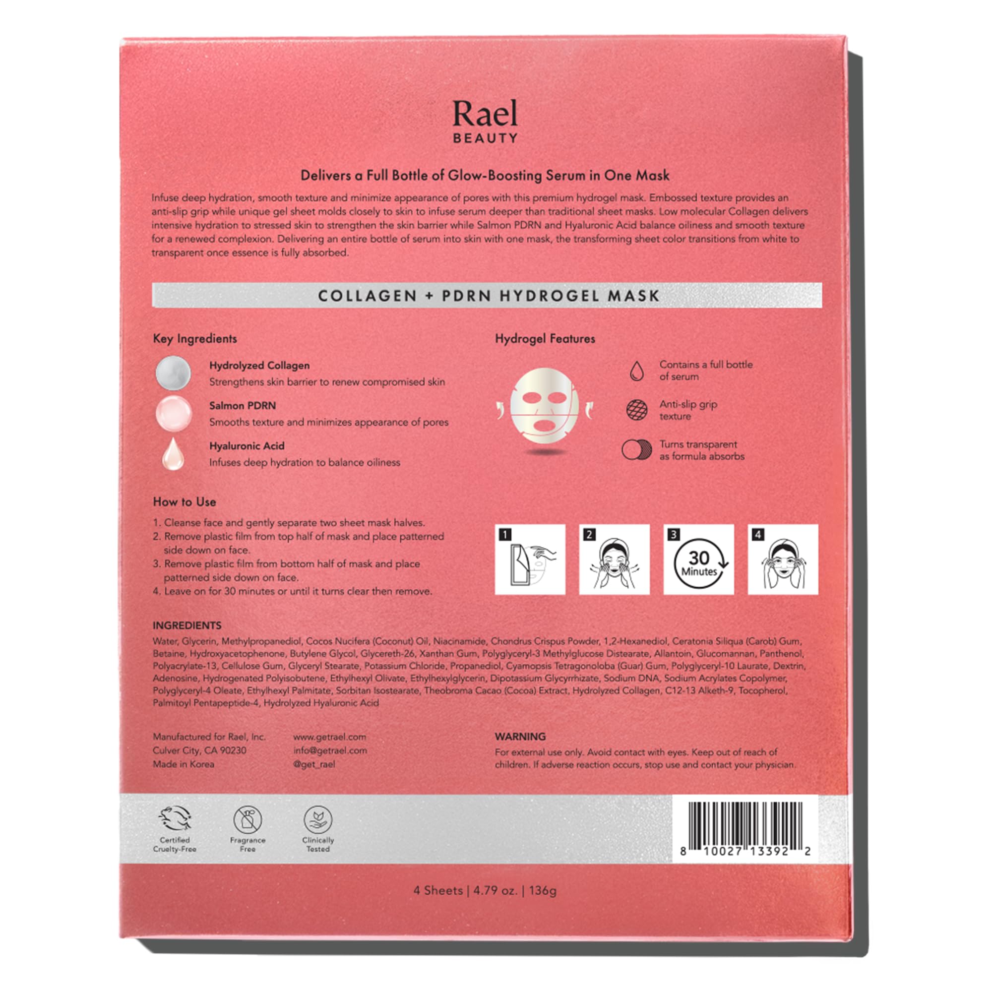 Rael Collagen PDRN Hydrogel Mask - Deep Hydration, Daily Face Masks for Face, Korean Skincare (4 Count) 🍁 All In One Marketplace Canada