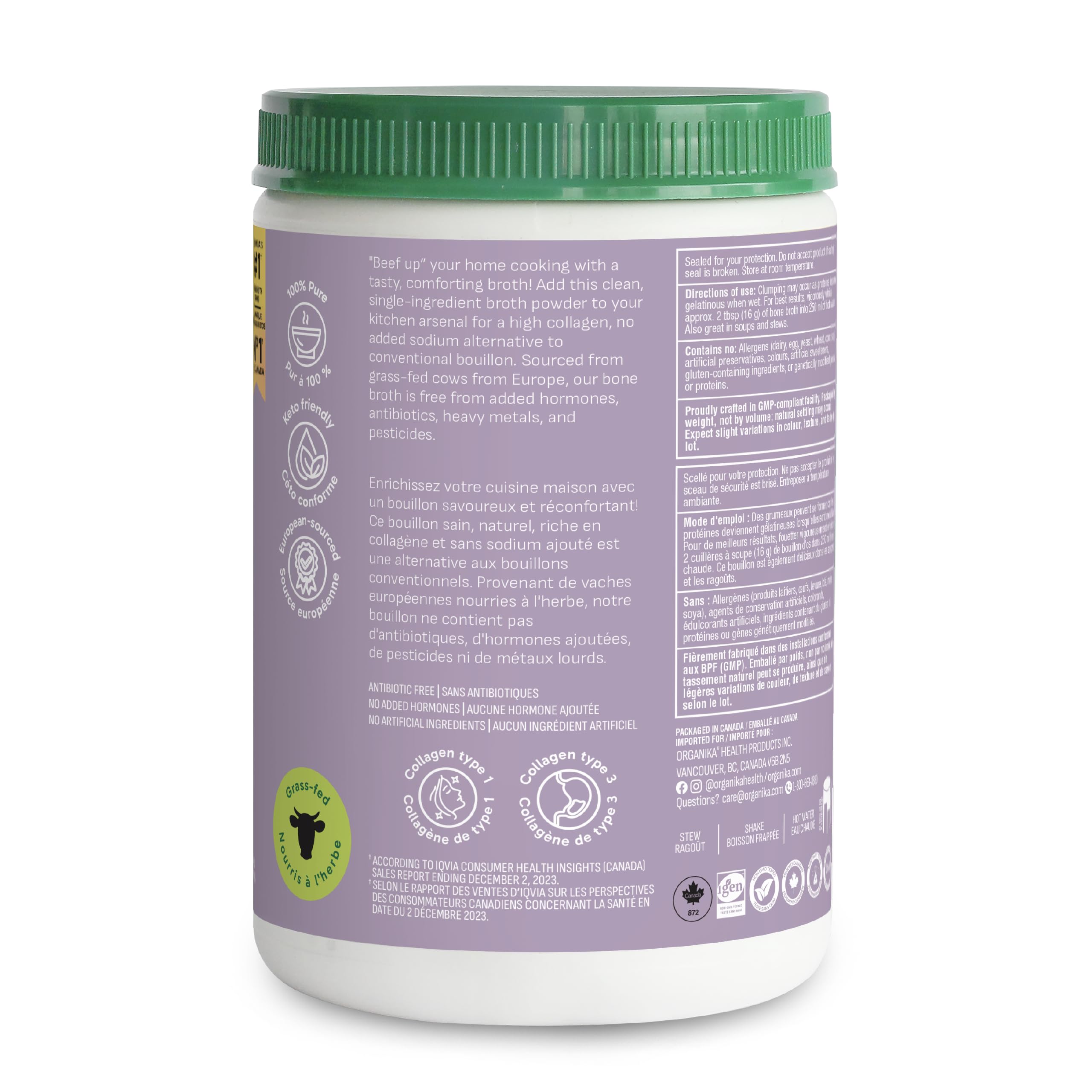 Organika Canadian-Made Beef Bone Broth Powder - Protein and Collagen Rich Bone Broth with Glucosamine and hyaluronic acid, from Grass-Fed Cattle whilst being Gluten and Dairy Free, Keto Friendly 300g 🍁 All In One Marketplace Canada