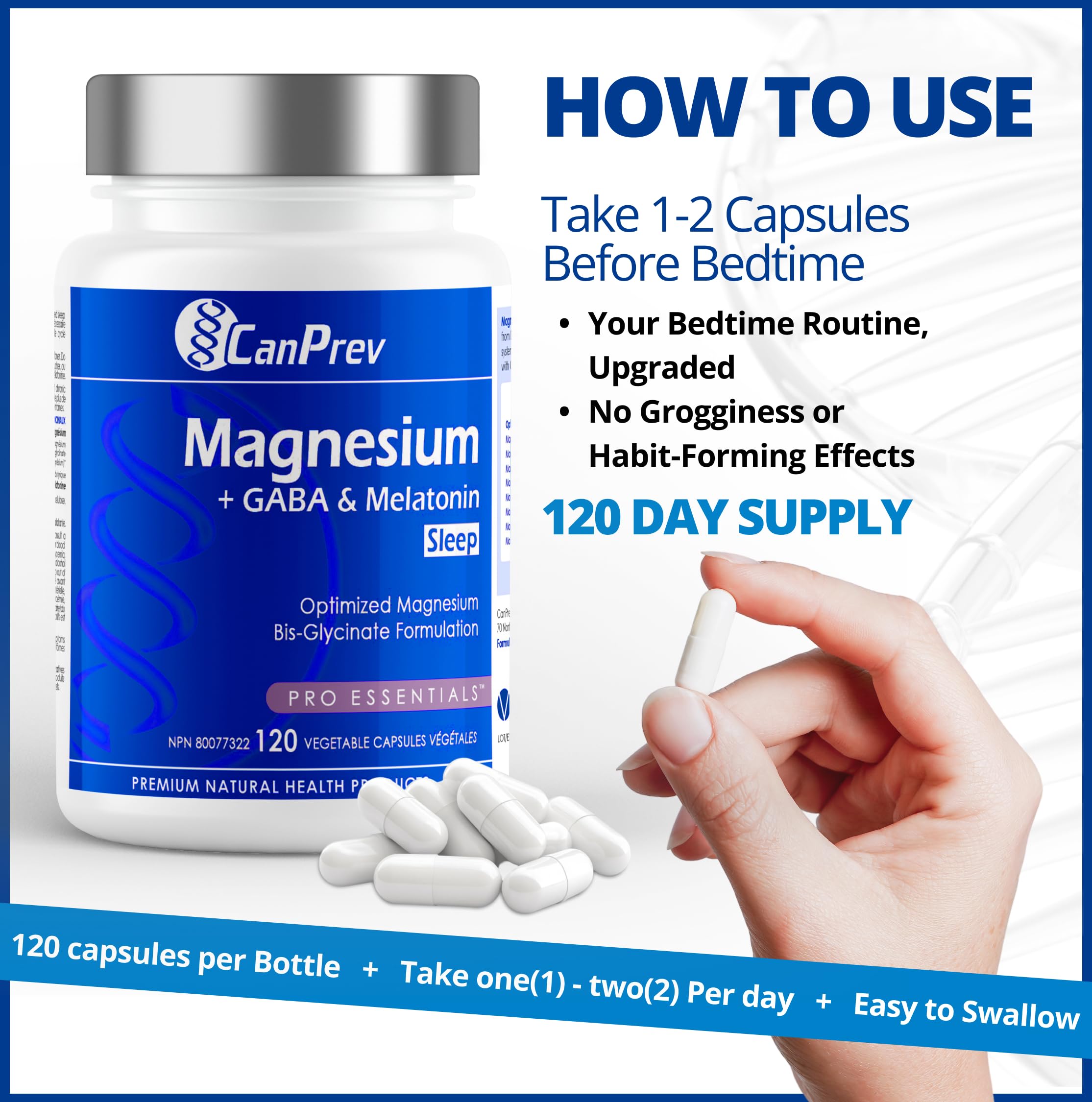 CanPrev Magnesium Bisglycinate Chelated + GABA & Melatonin, 120 Veg Caps, 120-Day Supply, Supports Restful Night, Muscle Function, Promote Relaxation & Balanced Sleep-Wake Cycle, Vegan, No GMO, Gluten 🍁 All In One Marketplace Canada