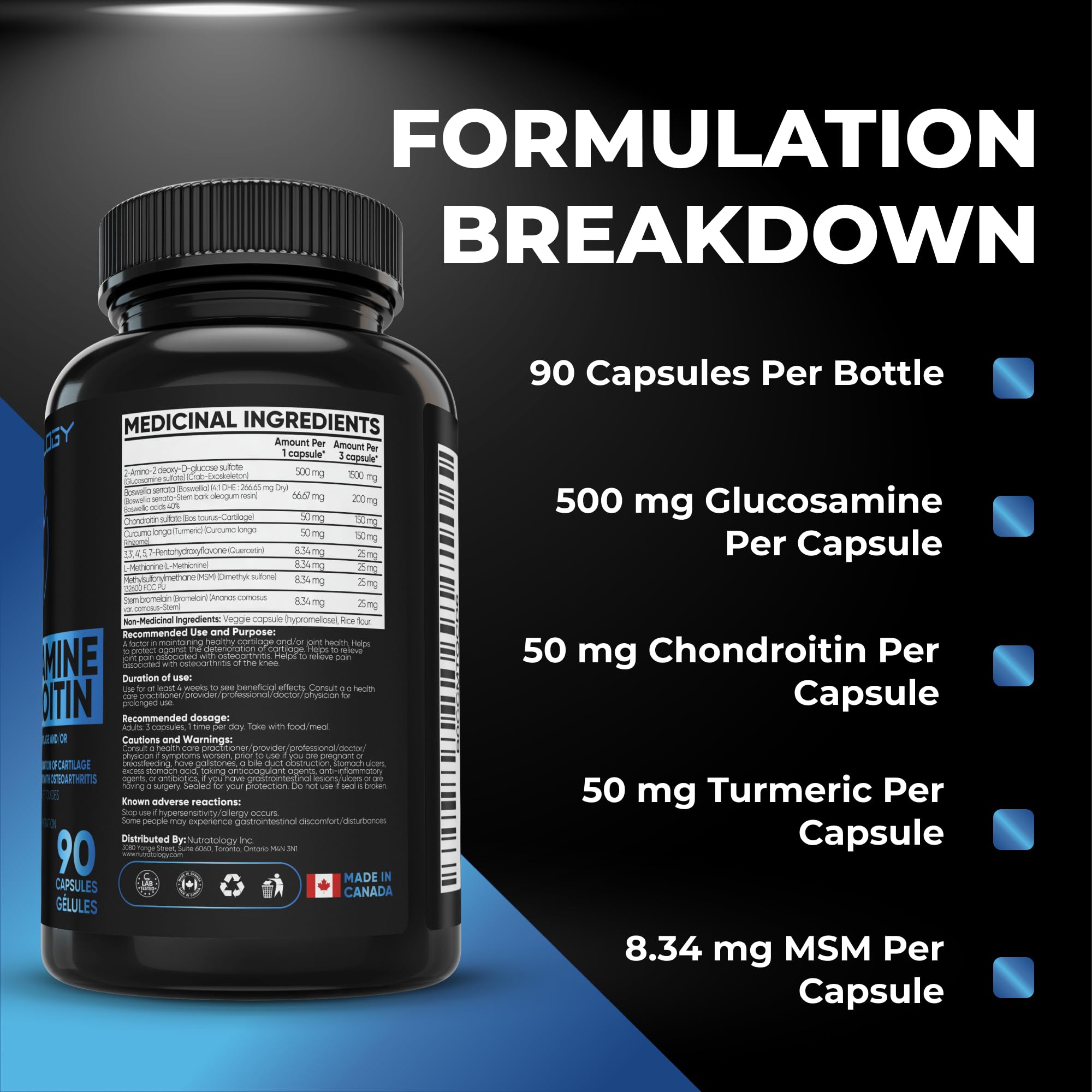 Nutratology® Glucosamine Joint Supplement with Chondroitin, MSM & Turmeric | Canadian-Made | Joint Pain Relief Supplements - 1500MG Glucosamine - Supports Healthy Joints & Cartilage - 90 Capsules 🍁 All In One Marketplace Canada