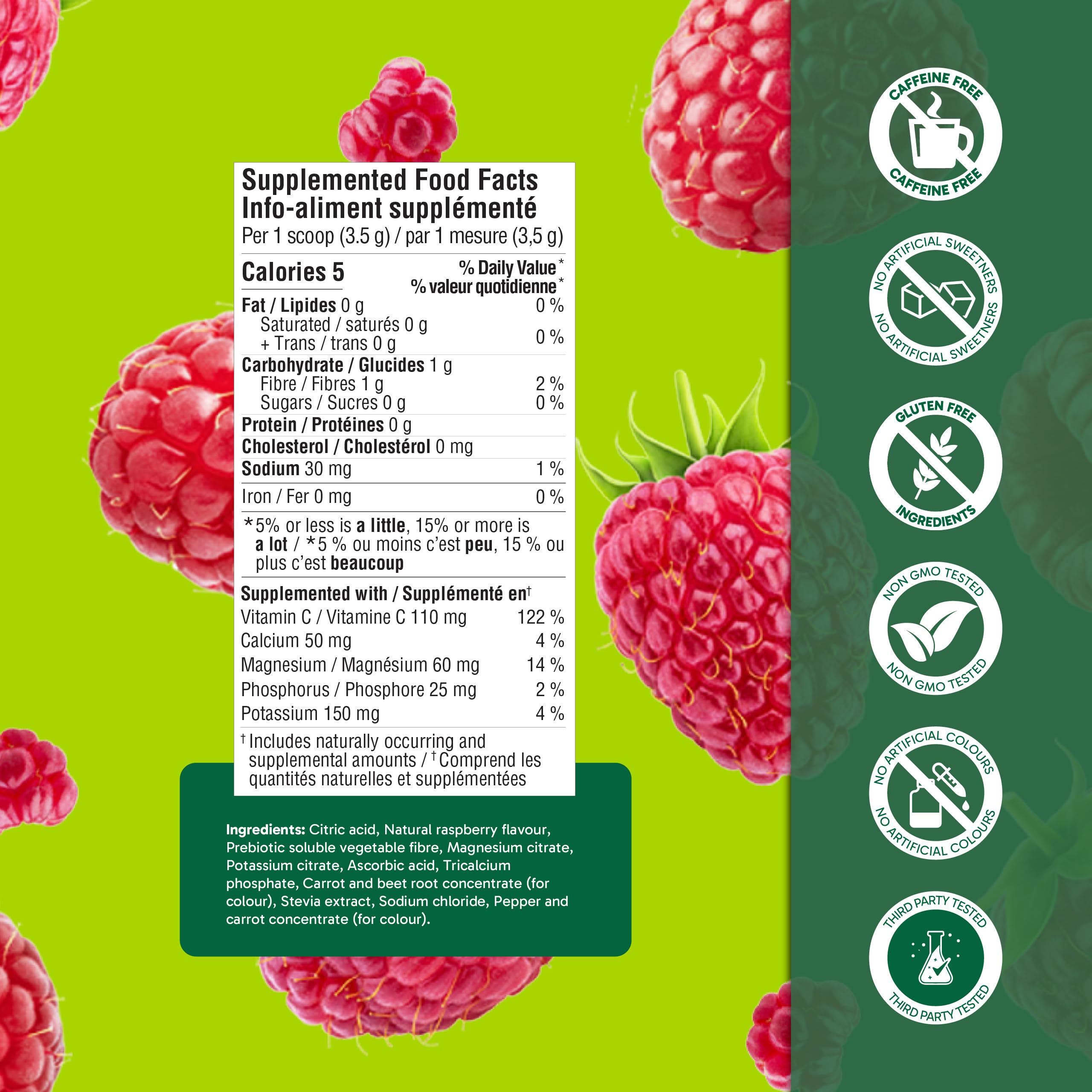 Organika Canadian-Made Electrolytes Powder with Vitamin C & Prebiotic Fibre - Sugar-Free Hydration Drink Mix - Wild Raspberry - 210 g - 60 servings 🍁 All In One Marketplace Canada