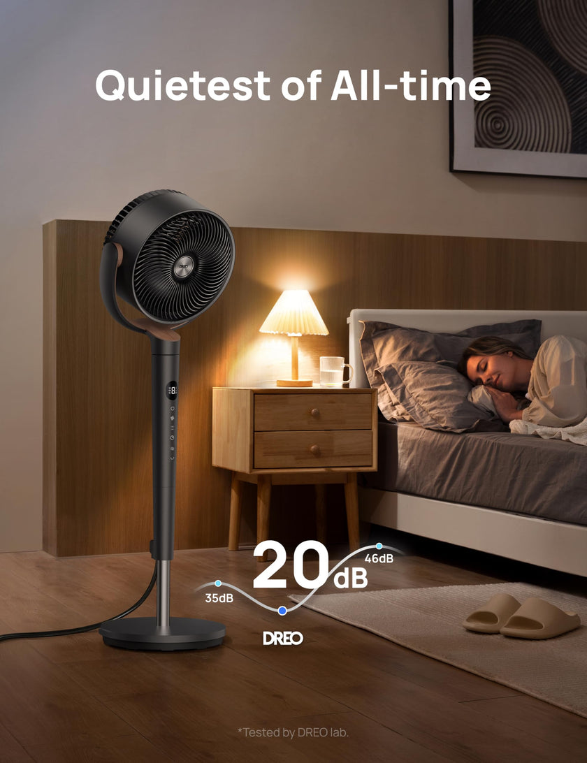 Dreo Fan for Bedroom, 120° Oscillating Standing Fans, Quiet Floor Fan with DC Motor, 100ft Pedestal Fans for Room, 9 Speeds, 4 modes, 20dB, 120° Manual Vertical, 37-42
