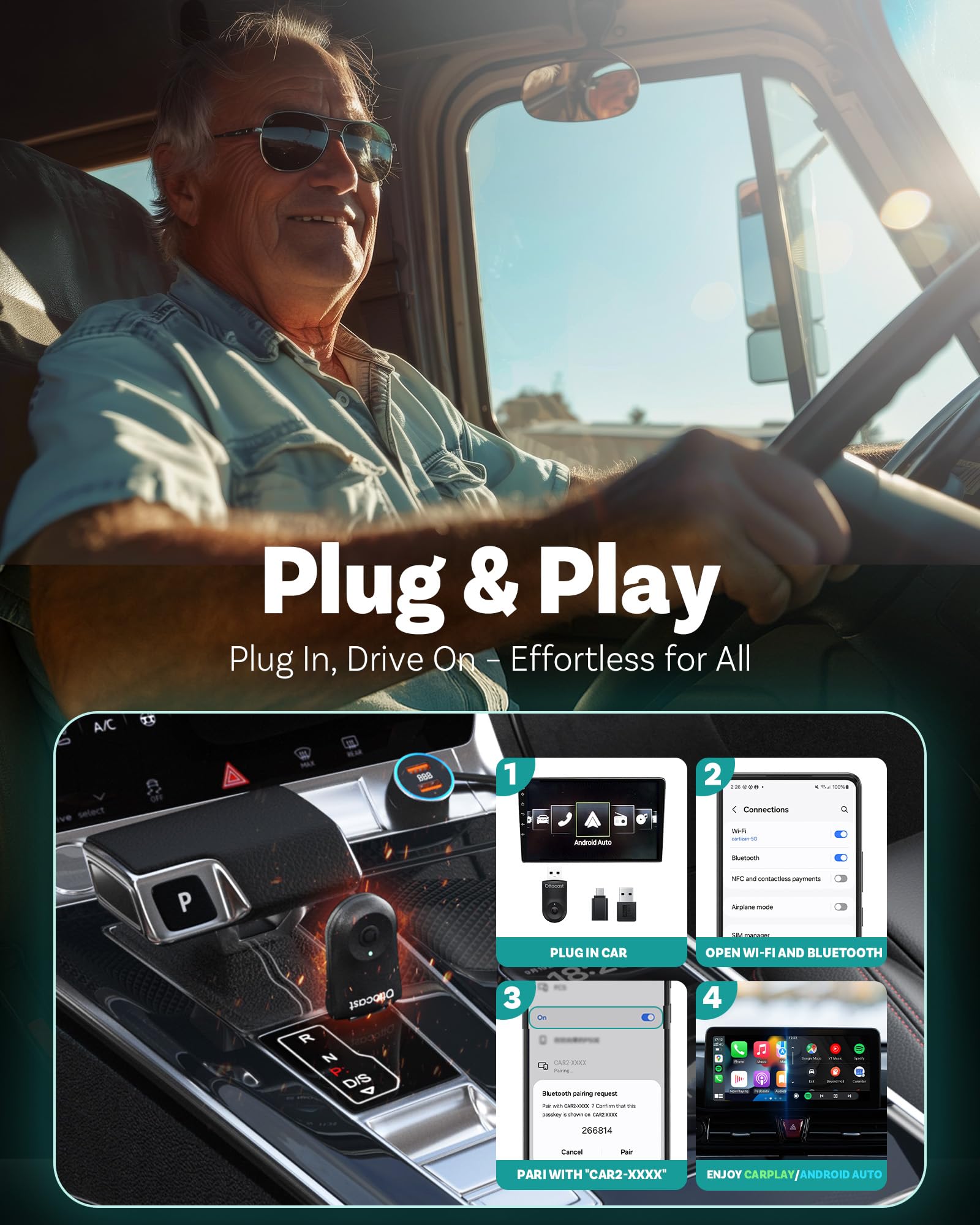 OTTOCAST Mini 2025 Wireless CarPlay & Android Auto 2-in-1 Adapter, Plug & Play, 5GHz WiFi, Auto Connect for iPhone & Android, Fits 98%+ OEM Wired CarPlay Cars 🍁 All In One Marketplace Canada
