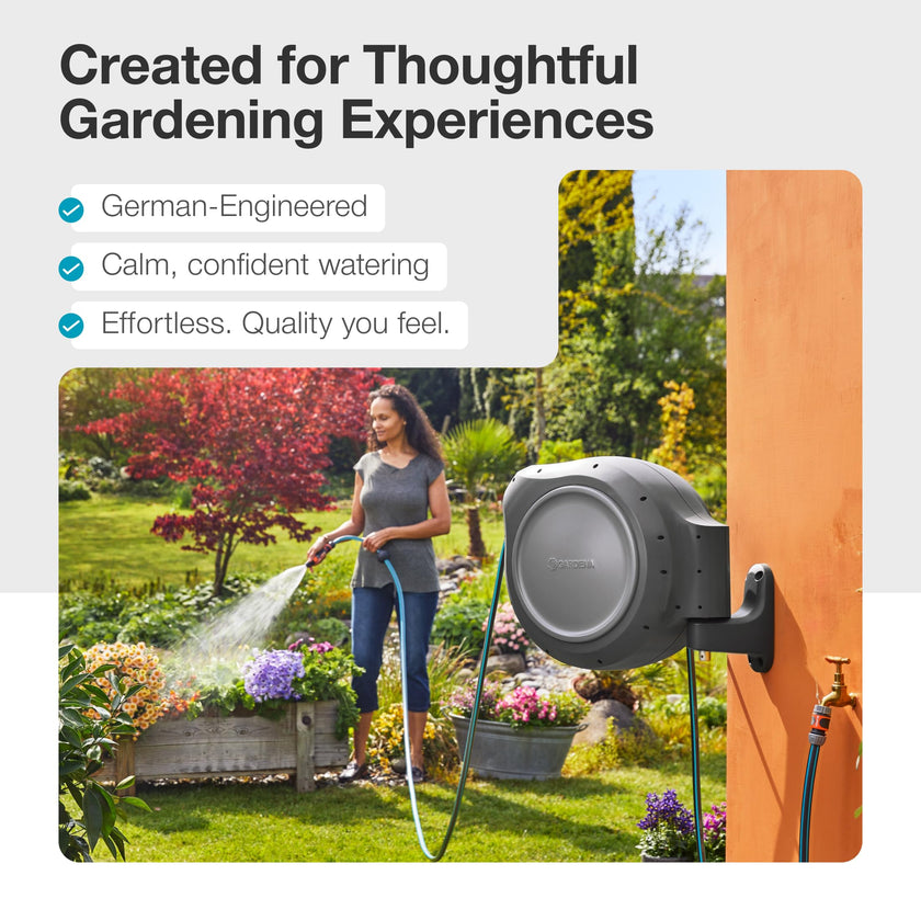 GARDENA 20505-80, 100 Foot Wall Mounted Retractable Reel with Hose Guide, Automatic retraction for Easy Watering,1/2