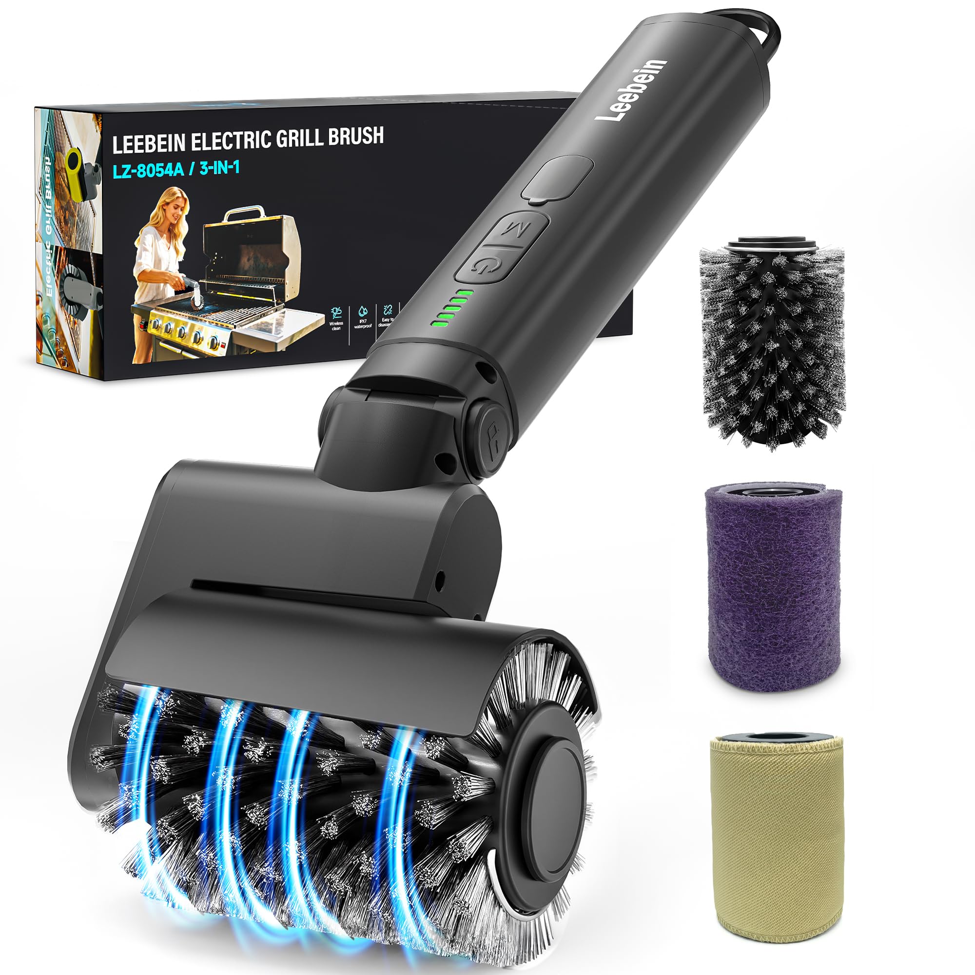 Leebein Electric Grill Brush for Outdoor, 2026 New BBQ Grill Cleaner with 3 Heads, 3-Speed & Angle Adjust Cordless Rotary Grill Brush, 150 Mins Runtime Grill Cleaning Brush for Barbecue Grates 🍁 All In One Marketplace Canada