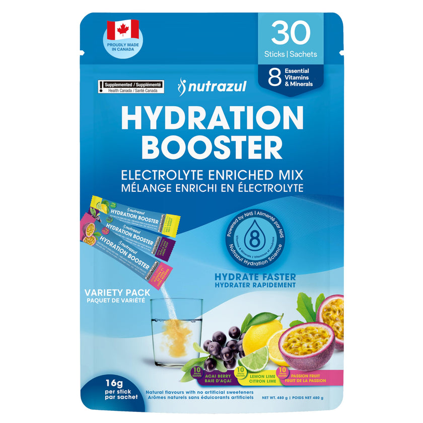 Nutrazul Hydration Booster, Electrolytes Powder Sticks with Sodium, Potassium, Vitamin B6 & B12, No Artificial Sweeteners, Acai Berry, Lemon Lime, Passion Fruit Flavour, 30 Sticks 🍁 All In One Marketplace Canada