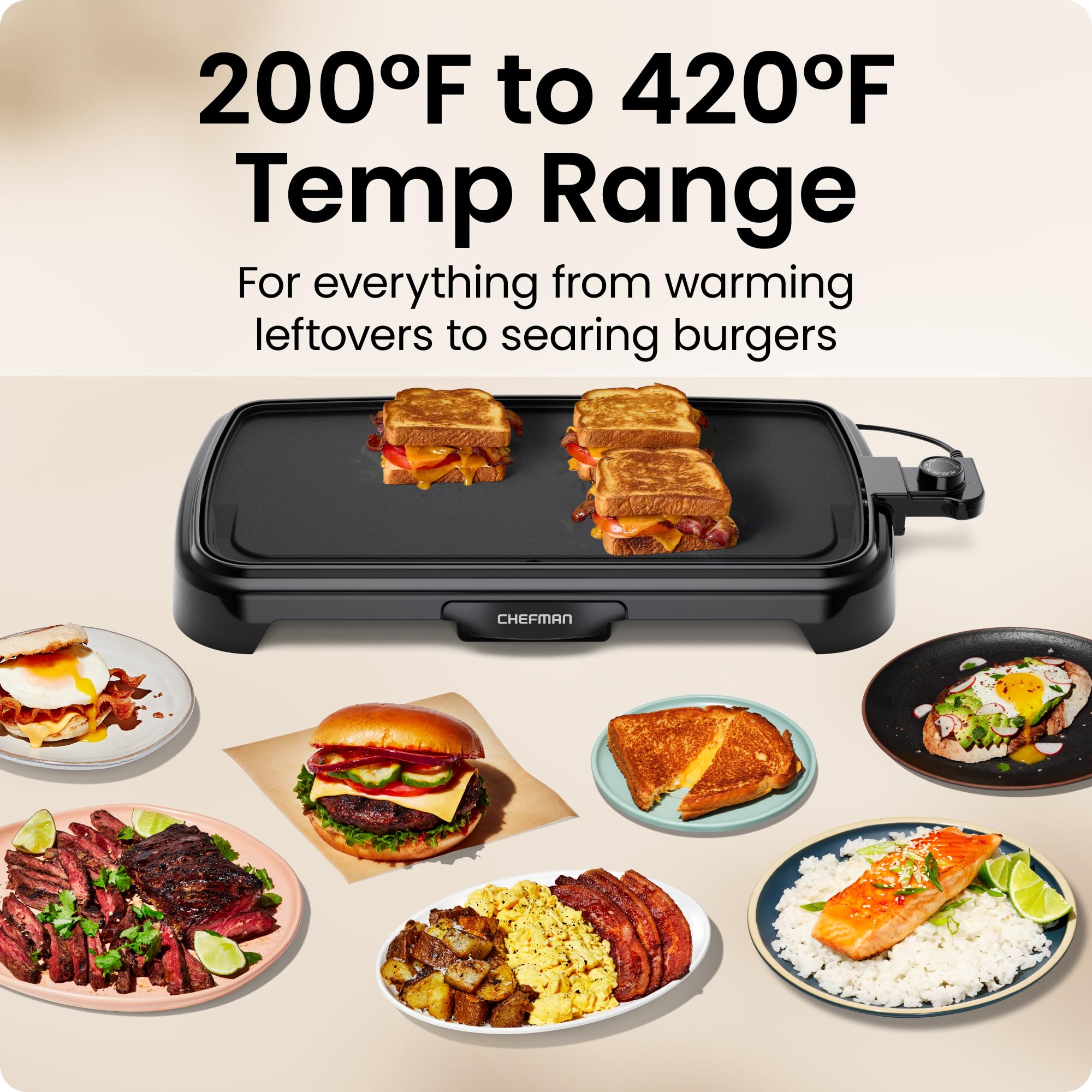 Chefman XL Electric Griddle with Removable Temperature Control, Immersible Flat Top Grill, Burger, Eggs, Pancake Griddle, Nonstick Extra Large Cooking Surface, Slide Out Drip Tray, 25 x 51 CM 🍁 All In One Marketplace Canada