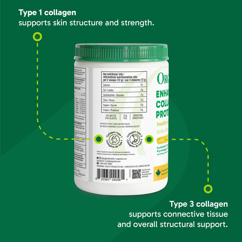 Organika Canadian-Made Enhanced Collagen Protein Powder- Lemon - For Healthy Hair, Skin, Nails, Joints - Hydrolyzed Peptides For Better Absorption – Grass-Fed, Non-GMO - 252g 🍁 All In One Marketplace Canada