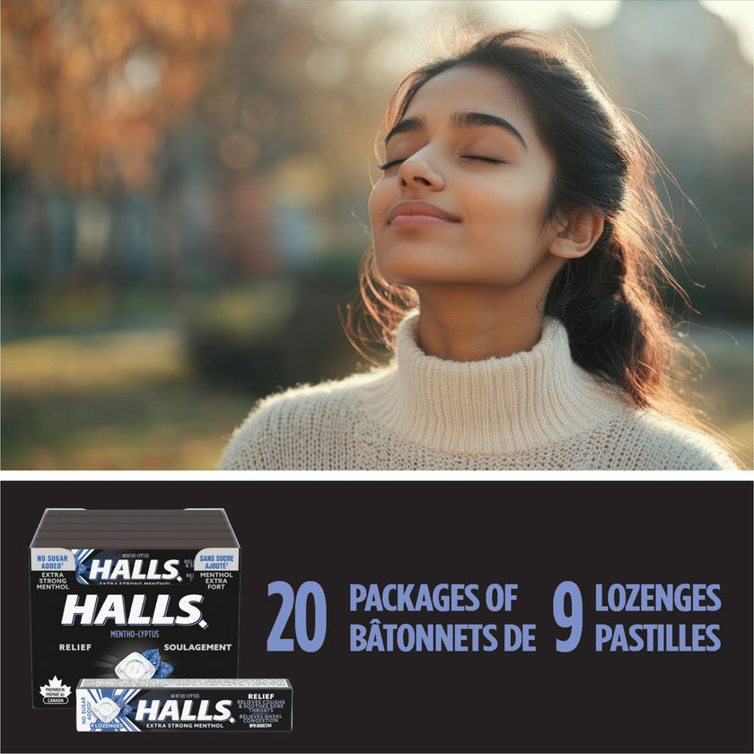 Halls, No Sugar Added Extra Strong, Cough Drops, 9 Lozenges (20 Packs) 🍁 All In One Marketplace Canada