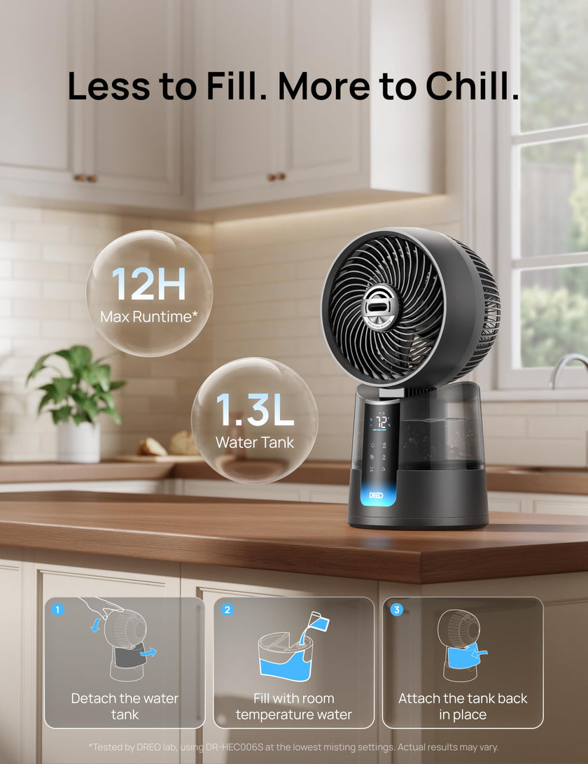 DREO TurboCool Misting Fan 516S, 150°+30°Omni-directional Oscillating Cooling Desk Fans that Blow Cold Air, 26 ft/s,Evaporative Air Cooler, 20dB, 6 Speeds 2 Modes, Remote & APP, RGB, Indoor, Grey 🍁 All In One Marketplace Canada