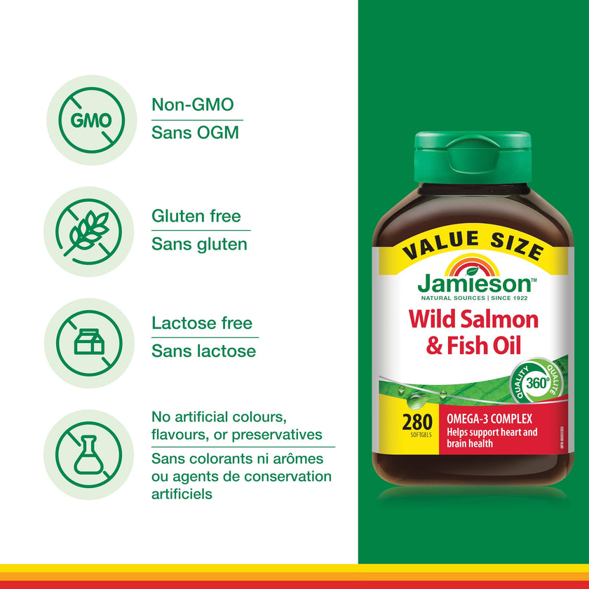 Jamieson Wild Salmon and Fish Oil 1,000 mg Softgels, Value Size, Supports Heart and Brain Health. With Wild Alaskan Salmon, Menhaden, EPA and DHA, Non-GMO, Gluten-Free, 280 Count, Proudly Canadian 🍁 All In One Marketplace Canada