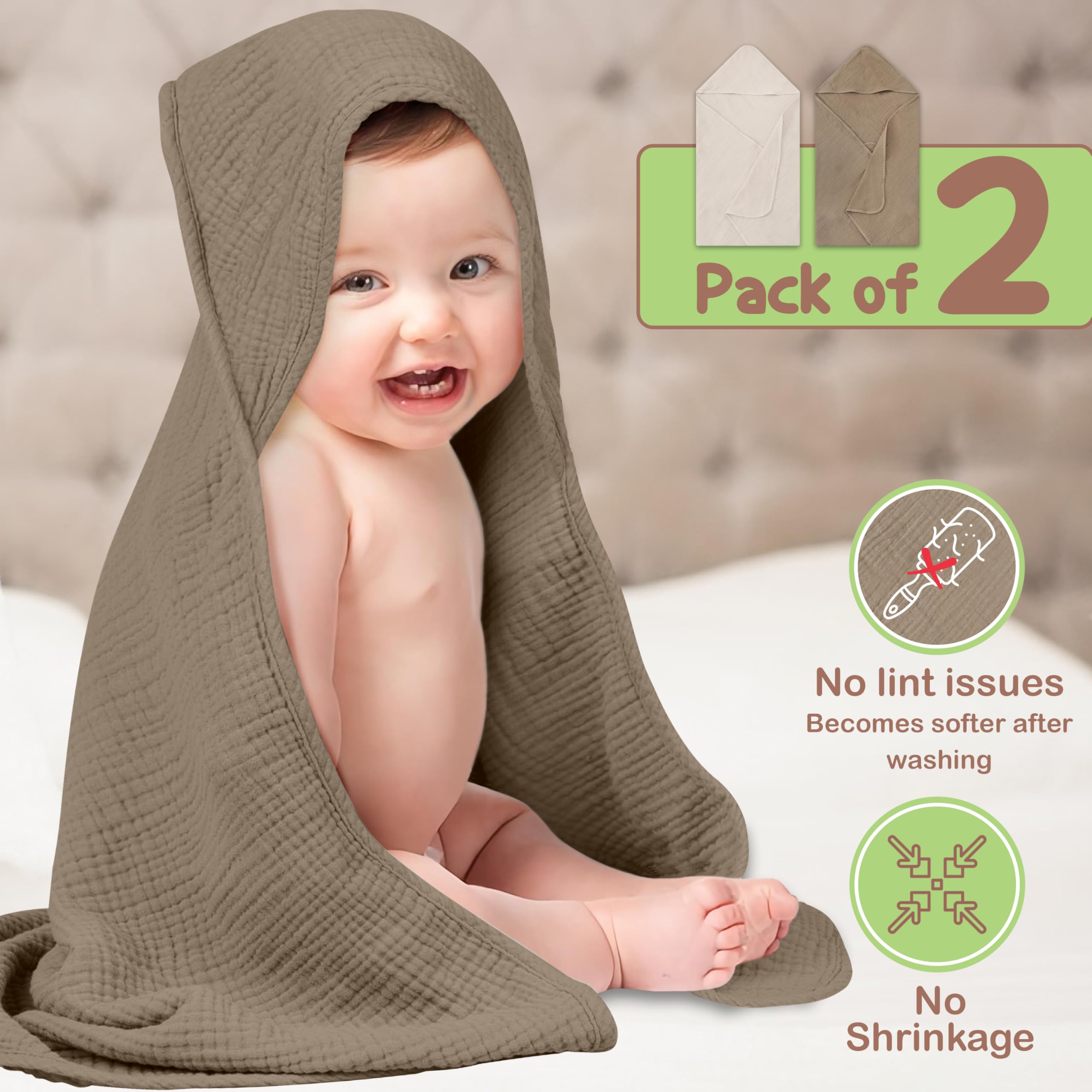 Infancie 100% Organic Cotton Muslin Hooded Baby Towels 2 Pack 81 X 81 CM Shower Towel Soft Breathable Lightweight Quick Dry Gentle On Baby Skin for Newborns and Infants 🍁 All In One Marketplace Canada