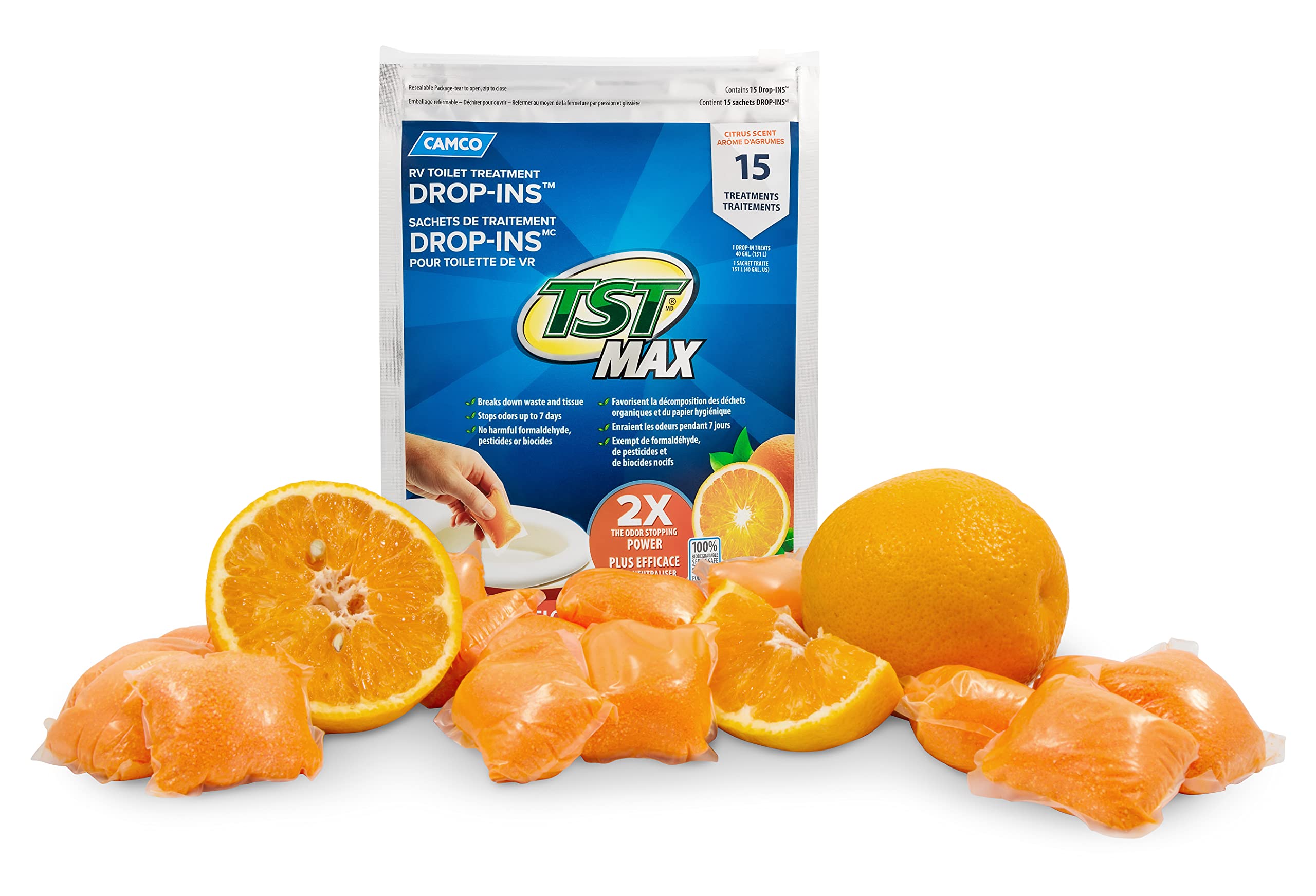 Camco TST MAX Camper/RV Toilet Treatment Drop-INs - Control Unwanted Odors and Break Down Waste and Tissue - Safe Septic Tank Treatment - Orange Scent, 15-Pack (41180) 🍁 All In One Marketplace Canada