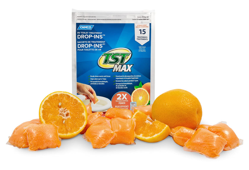 Camco TST MAX Camper/RV Toilet Treatment Drop-INs - Control Unwanted Odors and Break Down Waste and Tissue - Safe Septic Tank Treatment - Orange Scent, 15-Pack (41180) 🍁 All In One Marketplace Canada