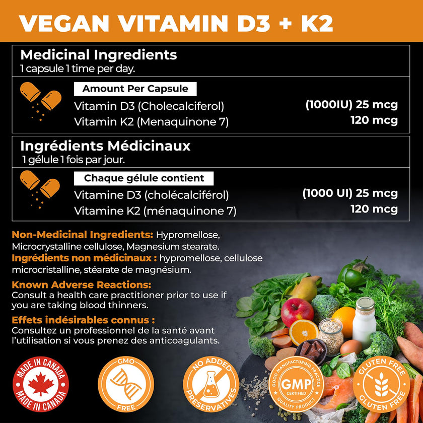 VITAMIN D3 K2 (MK-7) VEGAN | HIGH POTENCY•VALUE SIZE | Supports Prevention of Osteoporosis & Heart Calcification | Immune, Bone & Heart Health Supplement | Canadian Made Vitamin D3 Vitamin K2 🍁 All In One Marketplace Canada