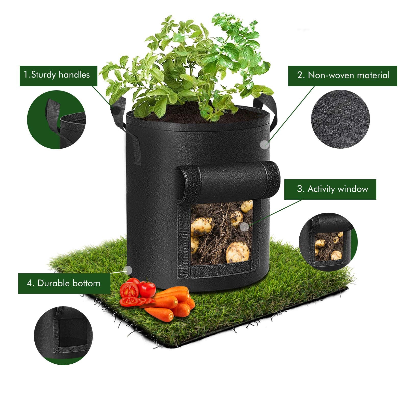 Cavisoo 5-Pack 10 Gallon Potato Grow Bags, Garden Planting Bag with Reinforced Handle, Thickened Nonwoven Fabric Pots for Tomato, Vegetable and Fruits 🍁 All In One Marketplace Canada
