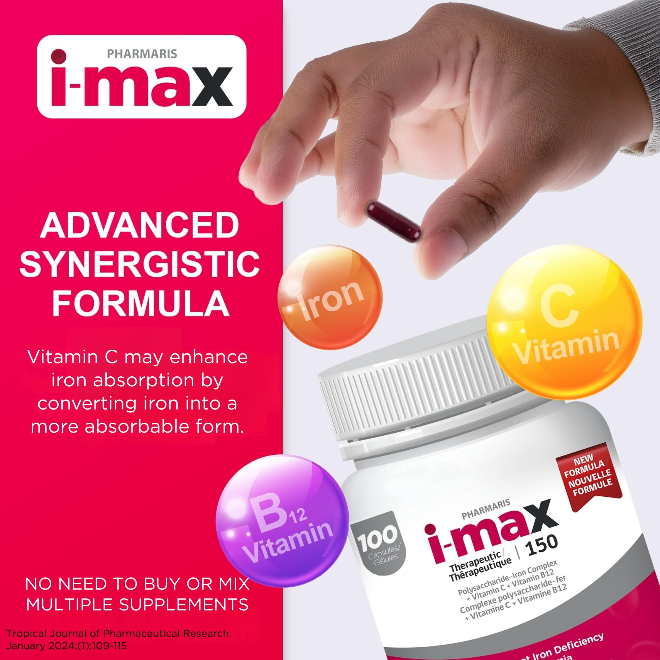 Pharmaris i-max Polysaccharide Iron Complex, 150 mg Elemental Iron Supplement for Treatment and Prevention of Iron Deficiency Anemia, 250 mg Vitamin C, 1000 mcg Vitamin B12, No Artificial Dyes, Vegan, 100 Capsules 🍁 All In One Marketplace Canada