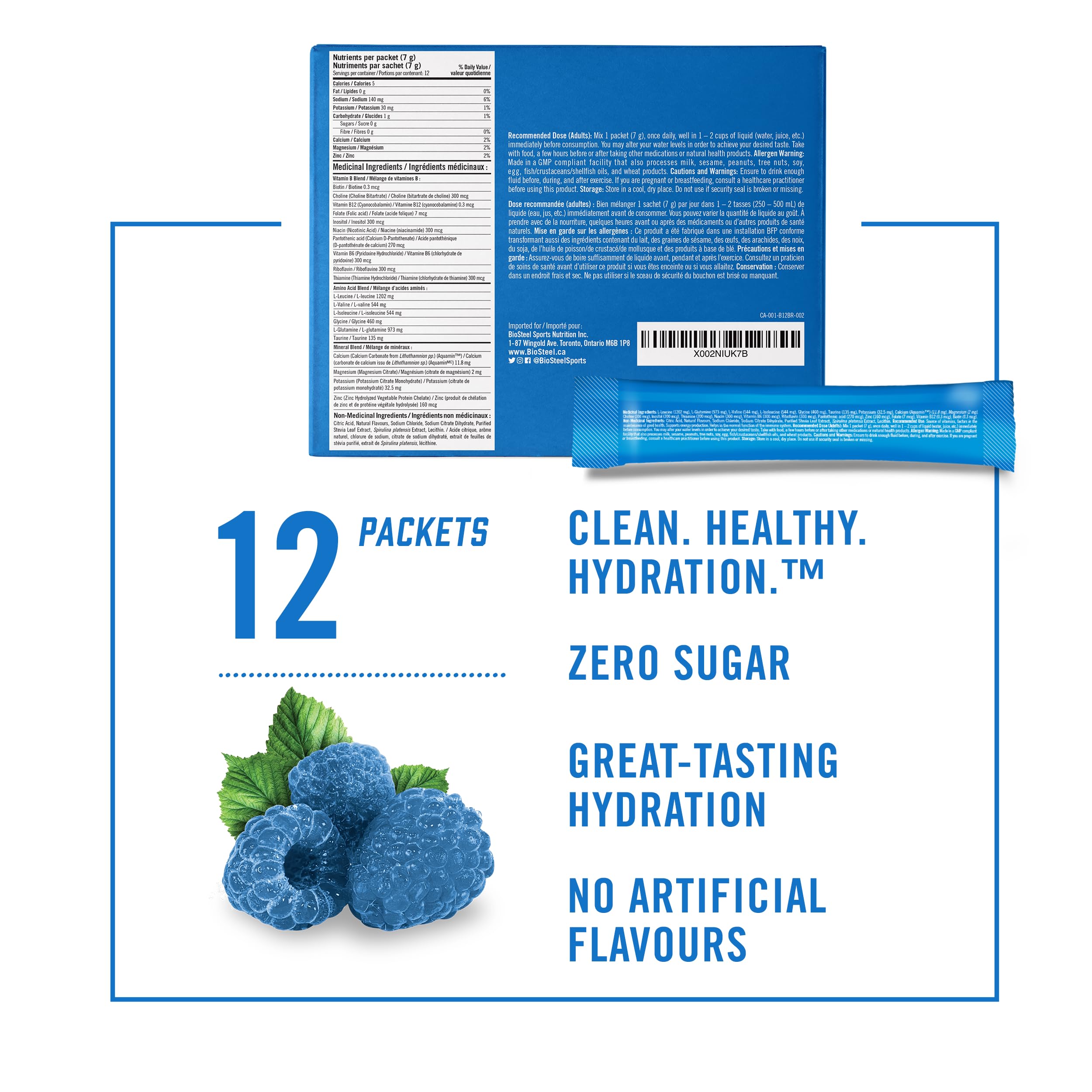 BioSteel Electrolyte Hydration Mix, Blue Raspberry, 12 Sticks, Zero Sugar 🍁 All In One Marketplace Canada