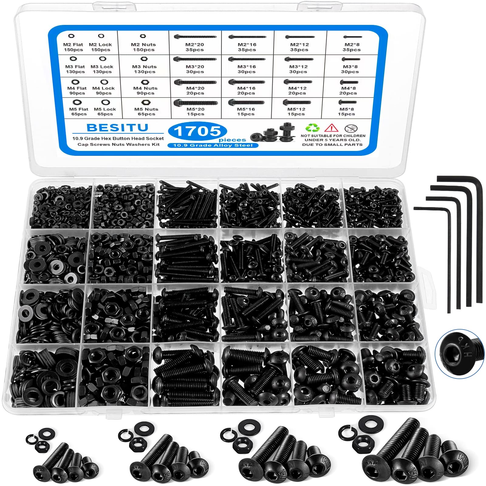1705 Pcs Machine Screw Assortment Kit, M2 M3 M4 M5 Metric Bolts and Nuts Kit with Lock and Flat Washers, Hex Button Head 10.9 Alloy Steel Cap Screw Set with Allen Wrench 🍁 All In One Marketplace Canada
