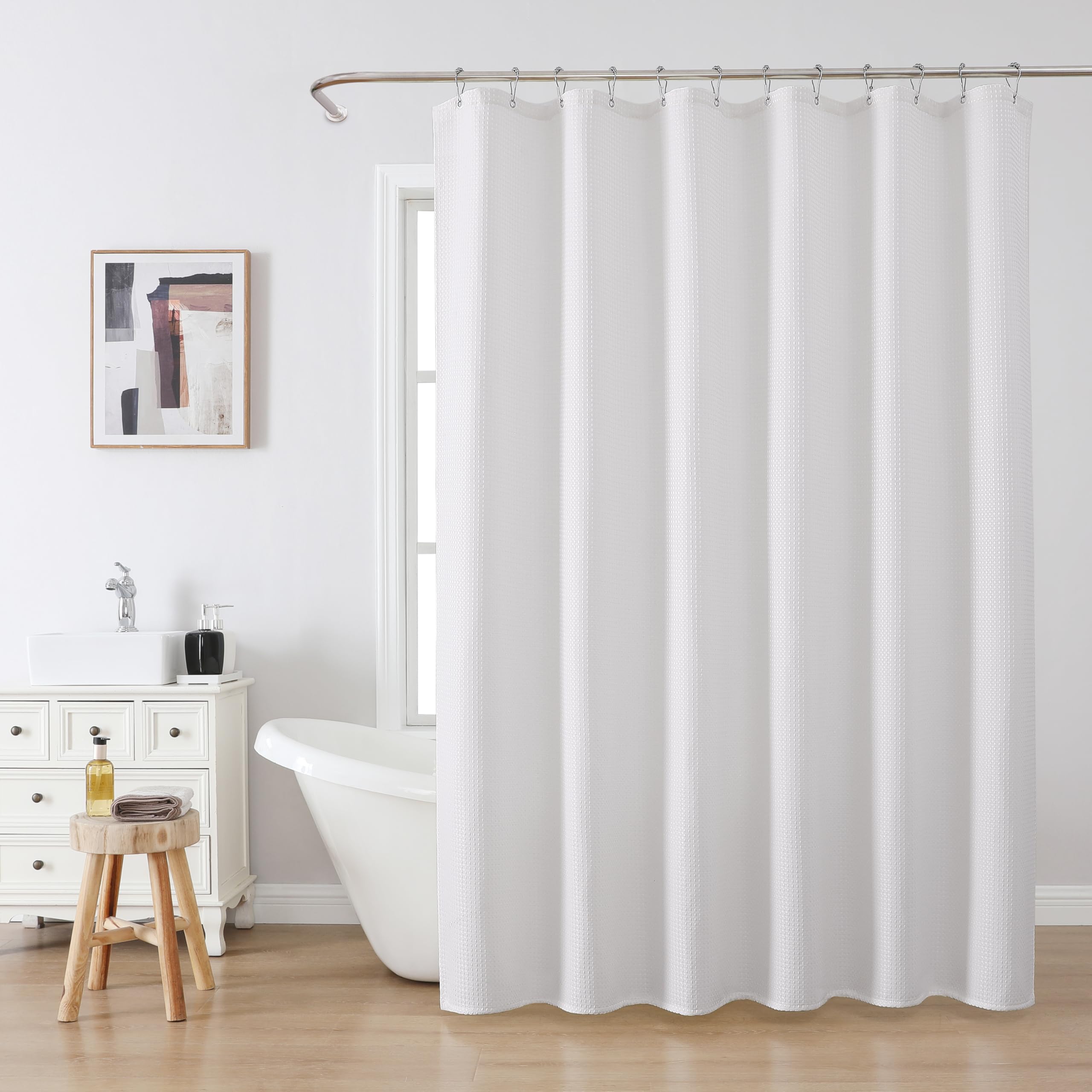 Waffle Weave Shower Curtain with Stainless Steel Hooks - 256 GSM Heavy Duty Fabric Bath Curtains, Hotel Luxury Quality, Water Resistant, Machine Washable, Weighted Hem, 72 x 72 Inches (White) 🍁 All In One Marketplace Canada