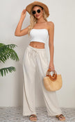 AISEW Women's Cotton Linen Palazzo Pants Drawstring Elastic Waist Casual Wide Leg Long Lounge Trousers with Pockets (Beige, 7031M) 🍁 All In One Marketplace Canada