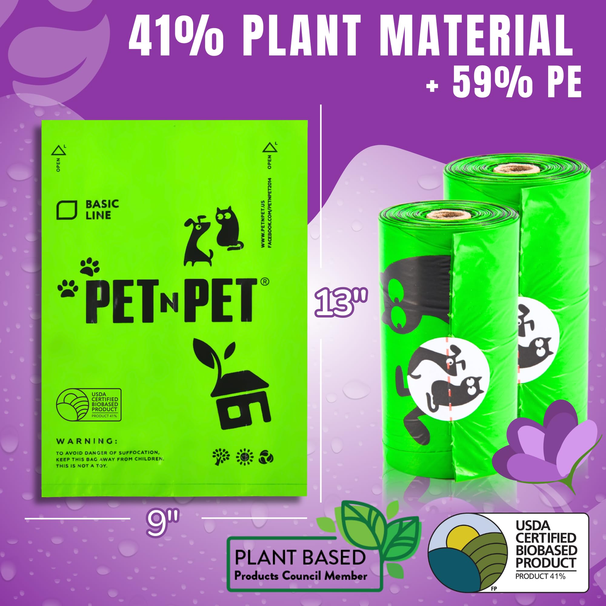 Pet N Pet Dog Poop Bags - USDA Certified 41% Plant-Based Doggy Poop Bags - Leak-Proof Sac Caca Chien Refill Rolls (1080 Count, Lavender Scented, Green) 🍁 All In One Marketplace Canada