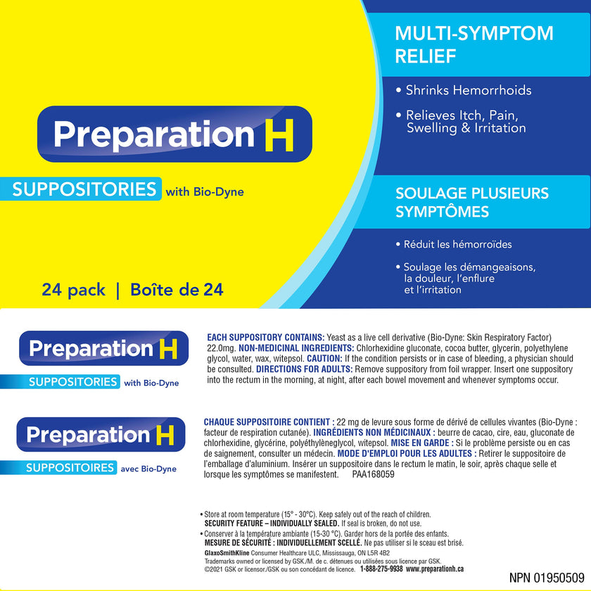 Preparation H Multi-Symptom Hemorrhoid Treatment Suppositories with Bio-Dyne, 24-Count 🍁 All In One Marketplace Canada