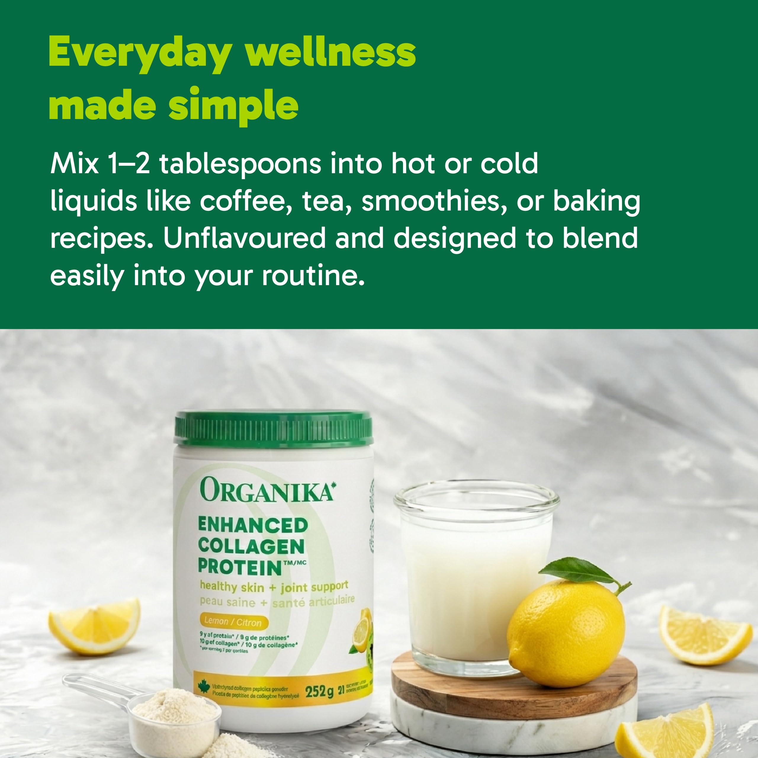 Organika Canadian-Made Enhanced Collagen Protein Powder- Lemon - For Healthy Hair, Skin, Nails, Joints - Hydrolyzed Peptides For Better Absorption – Grass-Fed, Non-GMO - 252g 🍁 All In One Marketplace Canada