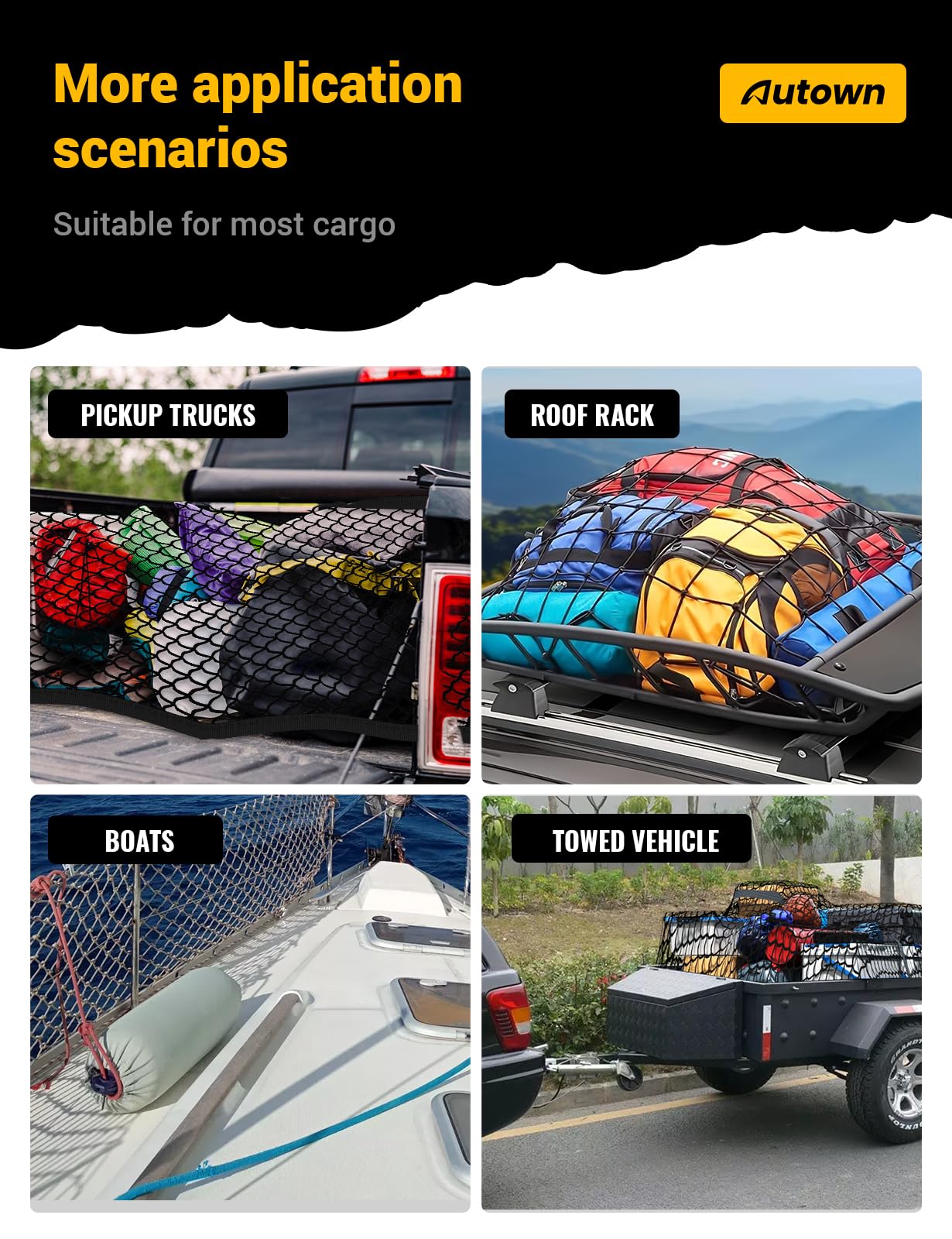 AUTOWN Cargo Net for Pickup Truck Bed - Stretchable 4'x4' to 7'x7', High Elastic Fine Mesh 1''x1'' with 8 Metal Carabiners - Ideal for ATV, SUV, UTV, Truck and Boat Use (Single Layer) 🍁 All In One Marketplace Canada