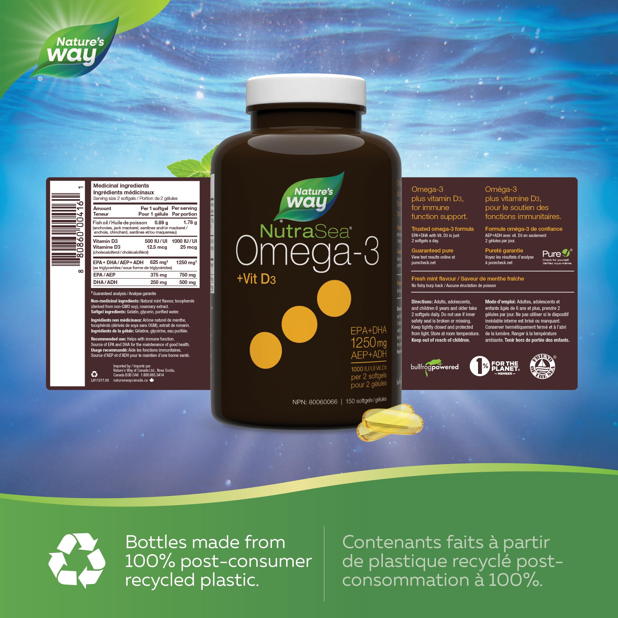 Nature's Way NutraSea +D Omega 3 + Vitamin D Softgels Supplement with Fish Oil – Fresh Mint Flavour – Heart, Brain, Bone & Immune Support for Adults and Kids 6+ – EPA & DHA + 1000IU D3, 150 Softgels 🍁 All In One Marketplace Canada