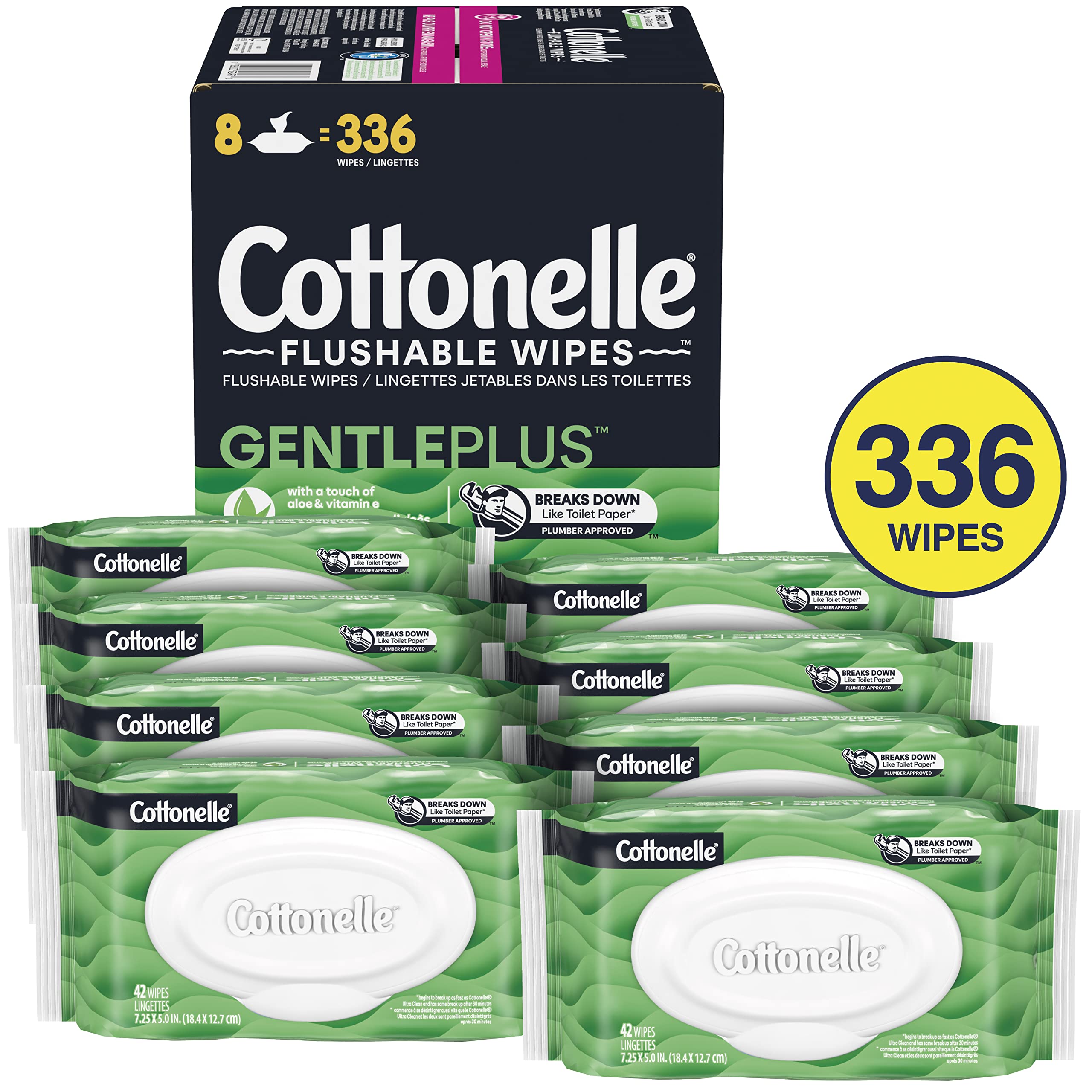 Cottonelle GentlePlus Flushable Wet Wipes with Aloe & Vitamin E, Adult Wet Wipes, 8 Flip-Top Packs, 42 Wipes per Pack (336 Total Flushable Wipes) 🍁 All In One Marketplace Canada