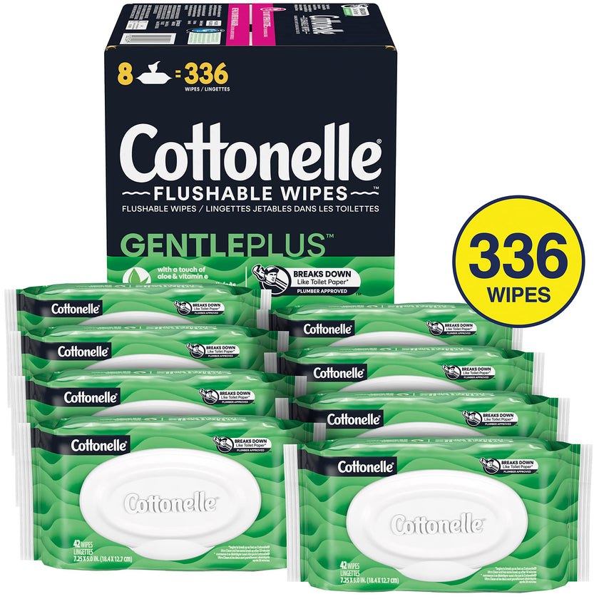 Cottonelle GentlePlus Flushable Wet Wipes with Aloe & Vitamin E, Adult Wet Wipes, 8 Flip-Top Packs, 42 Wipes per Pack (336 Total Flushable Wipes) 🍁 All In One Marketplace Canada