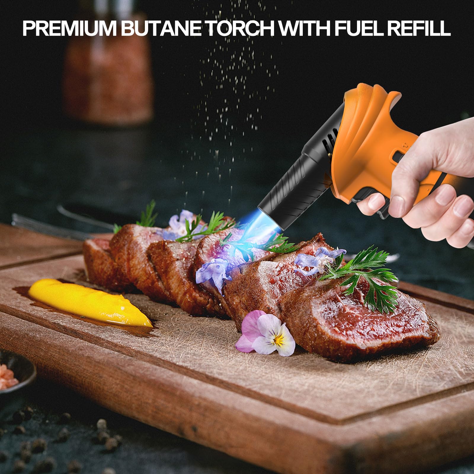 Butane Torch Lighter – Refillable Adjustable Flame Torch with 0‑90° Rotating Head, Safety Lock & Continuous Flame – Kitchen Torch for Creme Brulee, Soldering, BBQ & DIY Crafts (Orange and Black) 🍁 All In One Marketplace Canada