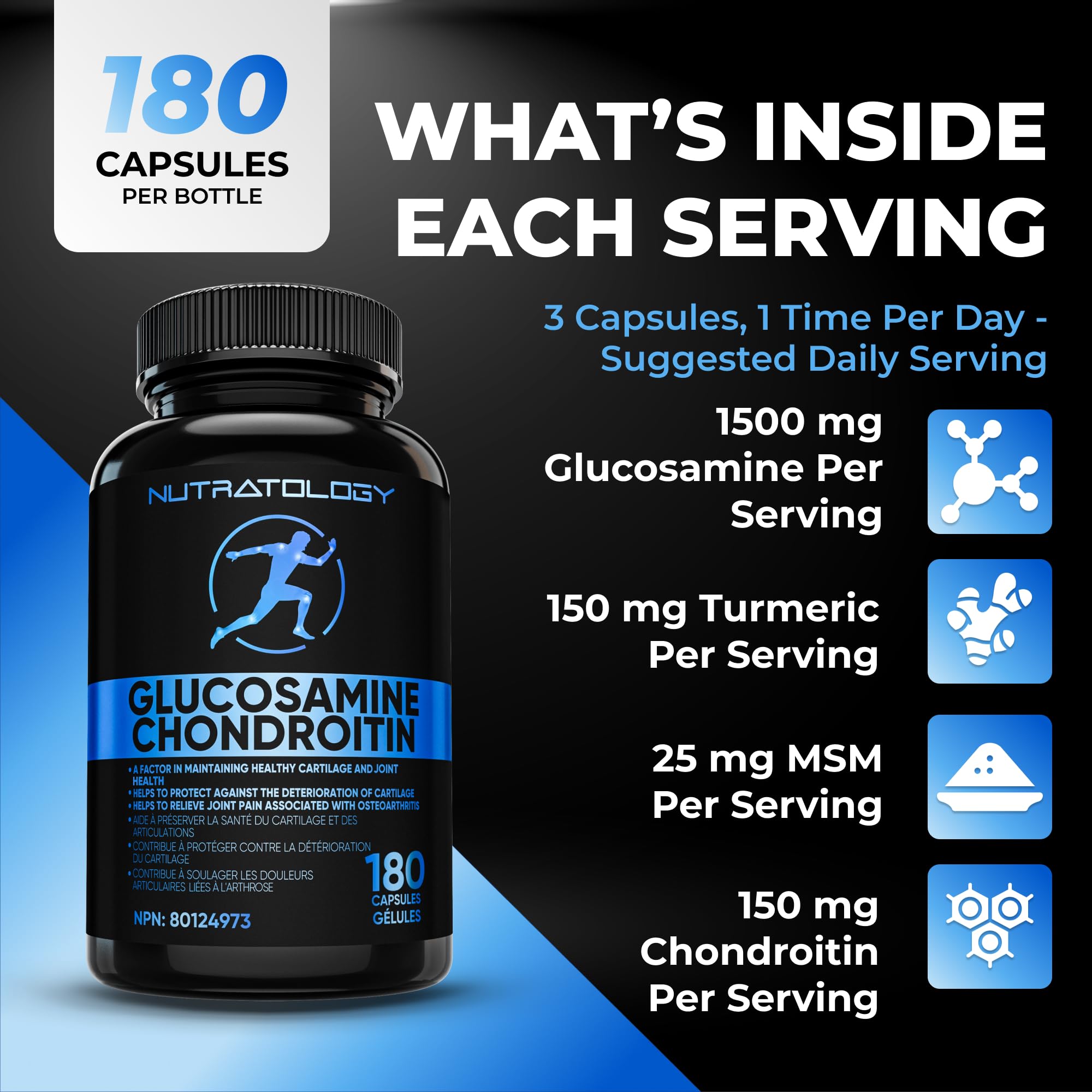 Nutratology® Glucosamine Joint Supplement with Chondroitin, MSM & Turmeric | Canadian-Made | Joint Pain Relief Supplements - 1500MG Glucosamine - Supports Healthy Joints & Cartilage - 180 Capsules 🍁 All In One Marketplace Canada