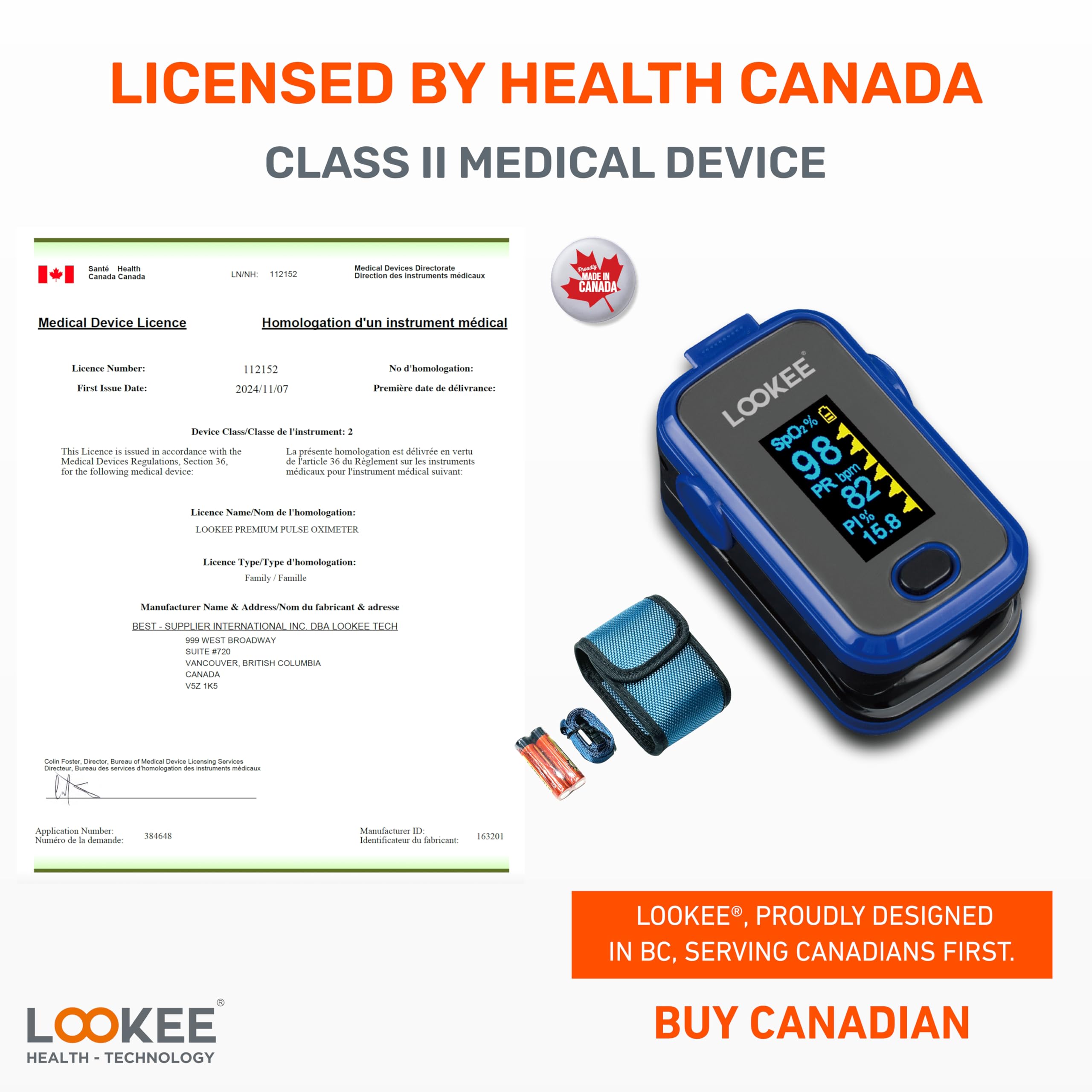 LOOKEE A310 Premium Pulse Oximeter Finger Heart Rate Oxygen Monitor | Proudly Canadian | SpO2 Blood Oxygen Level | Medical Accuracy, Alarm & PI | OLED Display | Carry Case & Batteries | Blue 🍁 All In One Marketplace Canada