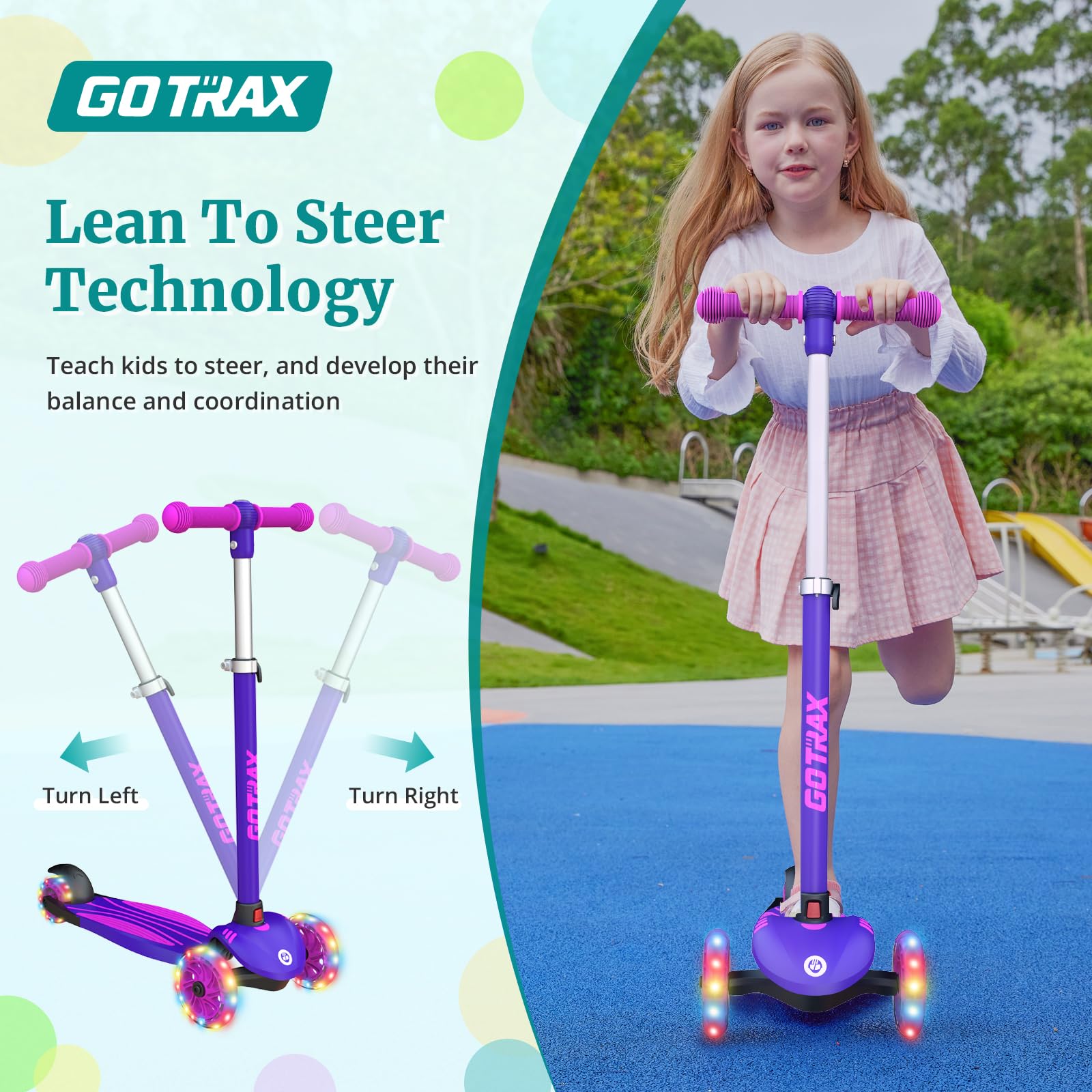 Gotrax KS1 Kids Kick Scooter, LED Lighted Wheels and 3 Adjustable Height Handlebars, Lean-to-Steer & Widen Anti-Slip Deck, 3 Wheel Scooter for Boys & Girls Ages 3+ and up to 100 Lbs (Purple) 🍁 All In One Marketplace Canada