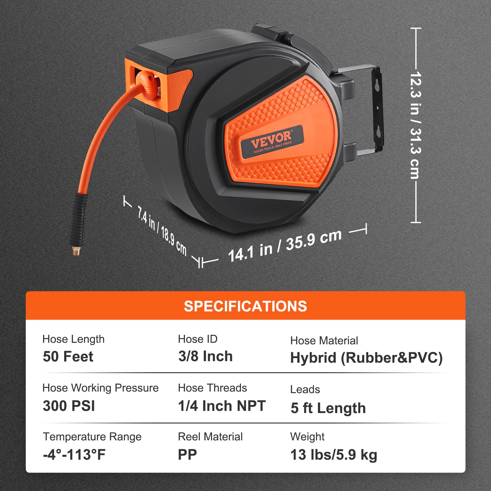 VEVOR Retractable Air Hose Reel, 3/8 in x 50 FT Hybrid Air Hose Max 300PSI, Air Compressor Hose Reel with 5 ft Lead in, Ceiling/Wall Mount Enclosed Air Reel, 180° Swivel Mount 🍁 All In One Marketplace Canada