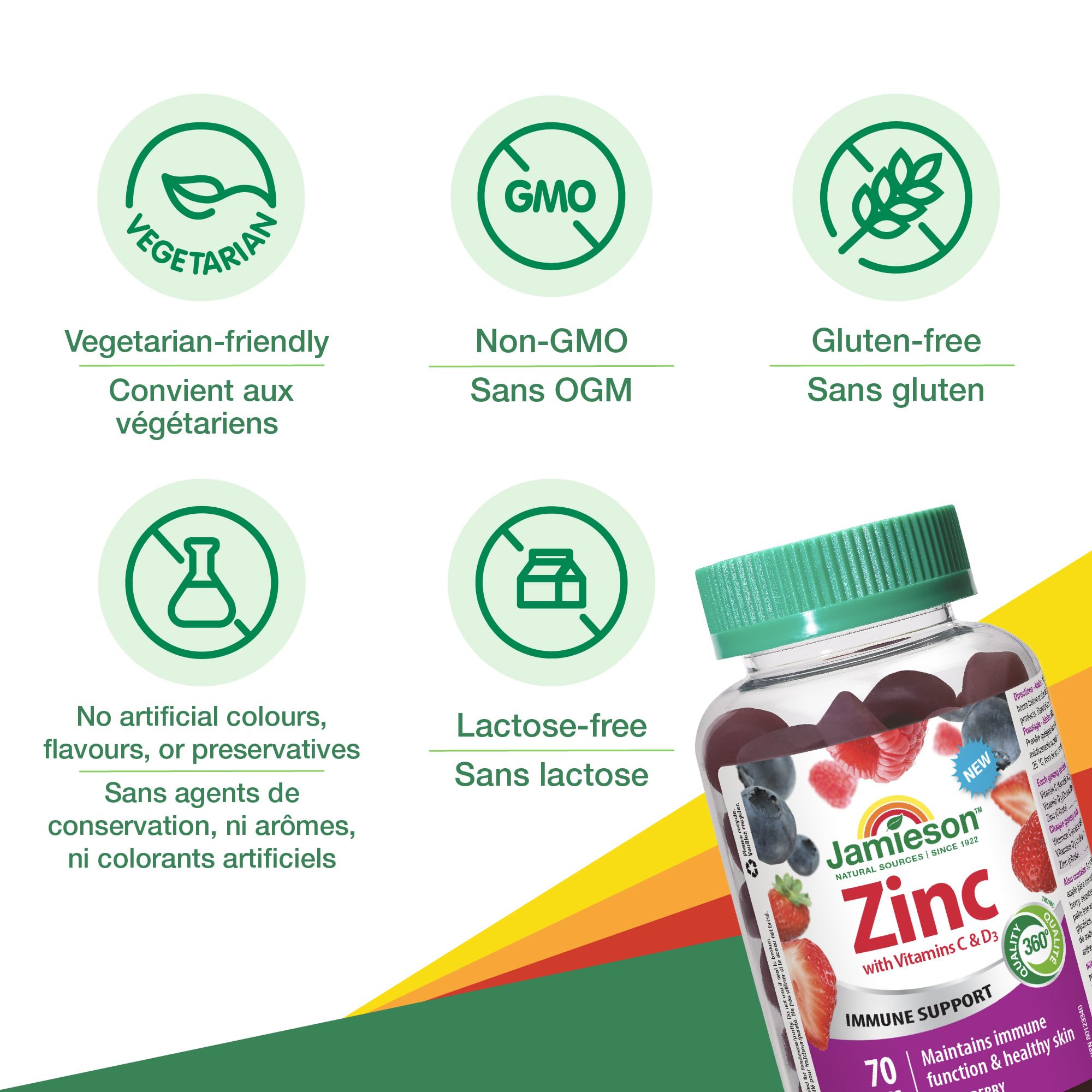 Jamieson Zinc 15 mg, 70 Gummies, Mixed Berry Flavour. With 50 mg Vitamin C and 400 IU Vitamin D3, Supports Immune Health, Bone Health, Healthy Hair, Skin, Nails. Vegetarian 🍁 All In One Marketplace Canada