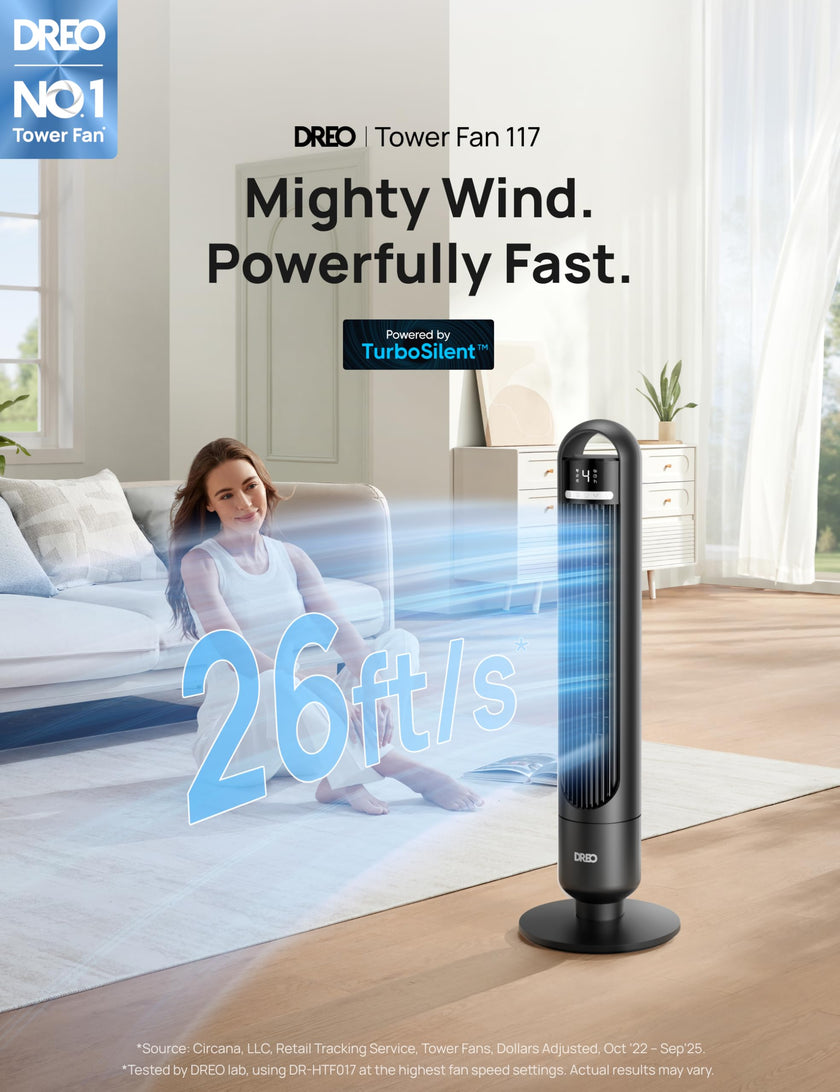 DREO Tower Fan for Bedroom, 90° Oscillating Standing Fans for Room with 4 Speeds, 3 Modes, 28dB Quiet for Sleep, 26ft/s Velocity, 8H Timer, Remote, Living Room, Office, Home, Black 🍁 All In One Marketplace Canada