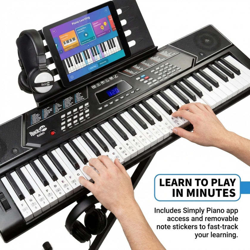 RockJam 61 Key Keyboard Piano With Pitch Bend Kit, Keyboard Stand, Piano Bench, Headphones, Simply Piano App & Keynote Stickers 🍁 All In One Marketplace Canada