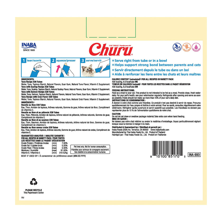 INABA Churu Cat Treats, Lickable, Squeezable Creamy Purée with Vitamin E, 14 Grams per Tube, 120 Tubes Total, Tuna Variety 🍁 All In One Marketplace Canada