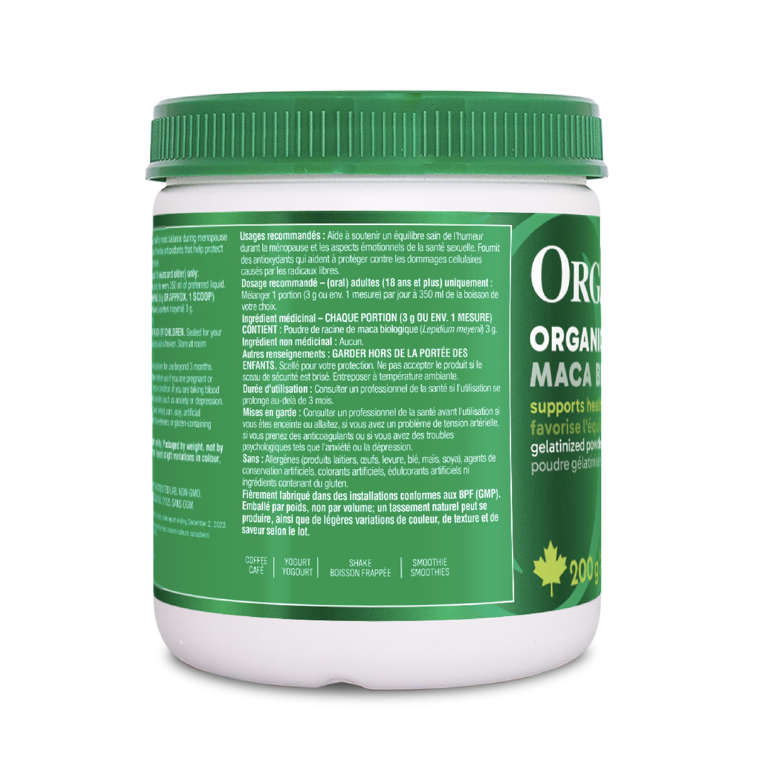 Organika Maca Certified Organic Powder- Gelatinized for High Bioavialability, Hormone Balance, Adaptogen to Help with Stress and Energy - 200 g 🍁 All In One Marketplace Canada
