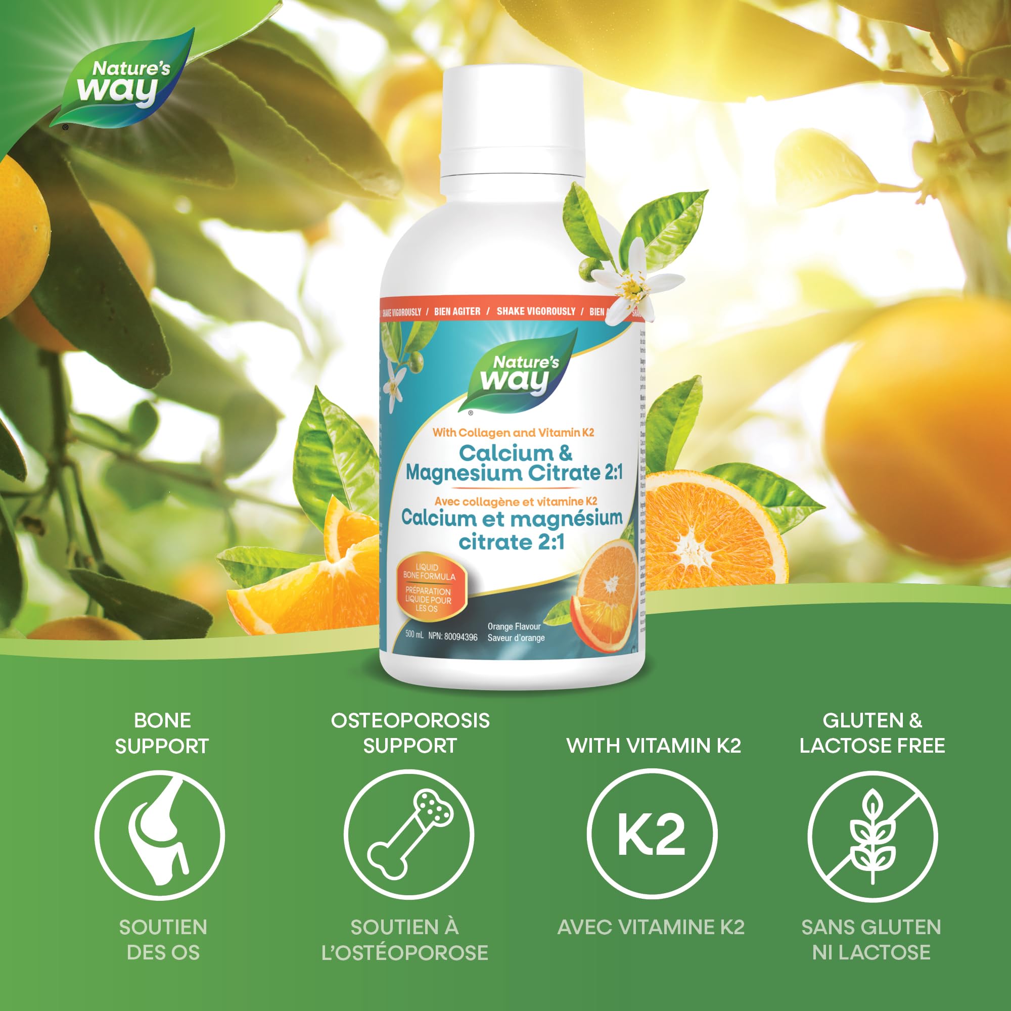 Nature's Way Calcium and Magnesium Citrate 2:1 - Liquid Supplement with Vitamin D3, Vitamin K2 and Collagen – Helps Support the Maintenance of Bones and Teeth – Orange Flavour, 500 mL 🍁 All In One Marketplace Canada